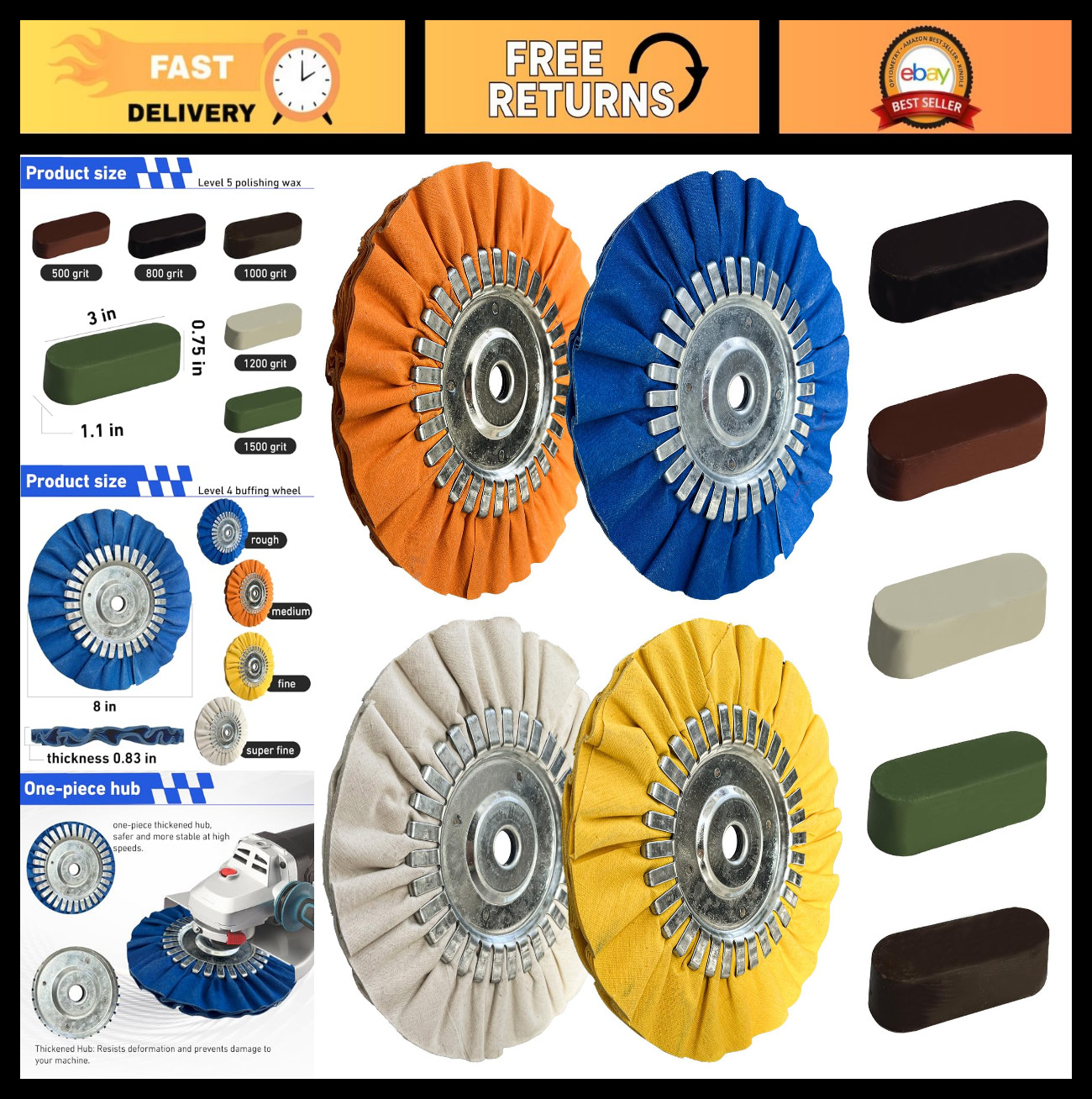 8″ Buffing Wheel Kit – 9Pcs Aluminum Polishing Set, 5/8″ Arbor, Angle Grinder Co