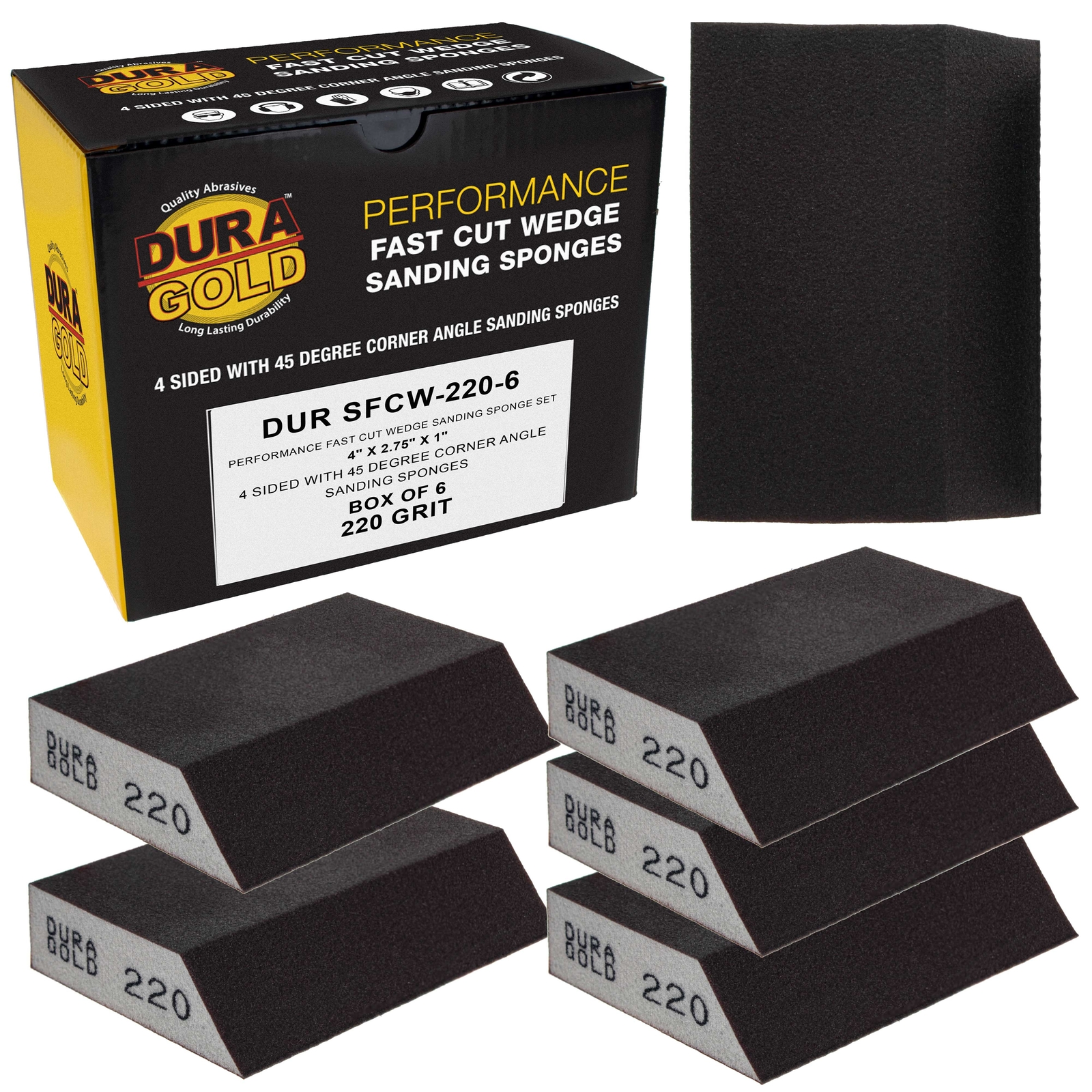 220 Grit Hand Sanding Block Sponges Angled Edge, 6/Box – 3.9″ x 2.75″ Wet/Dry