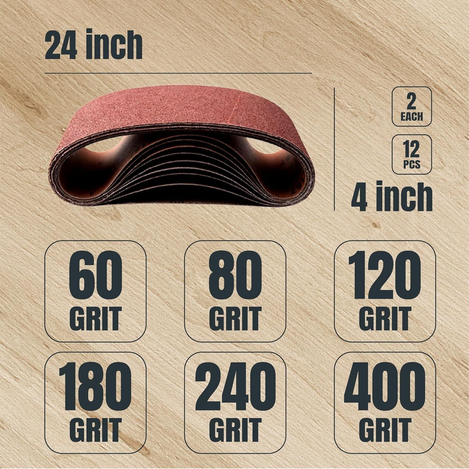 POWERTEC 12pcs 4 x 24″ A/O Sanding Belt Assortment (60,80,120,180,240,400 Grit)