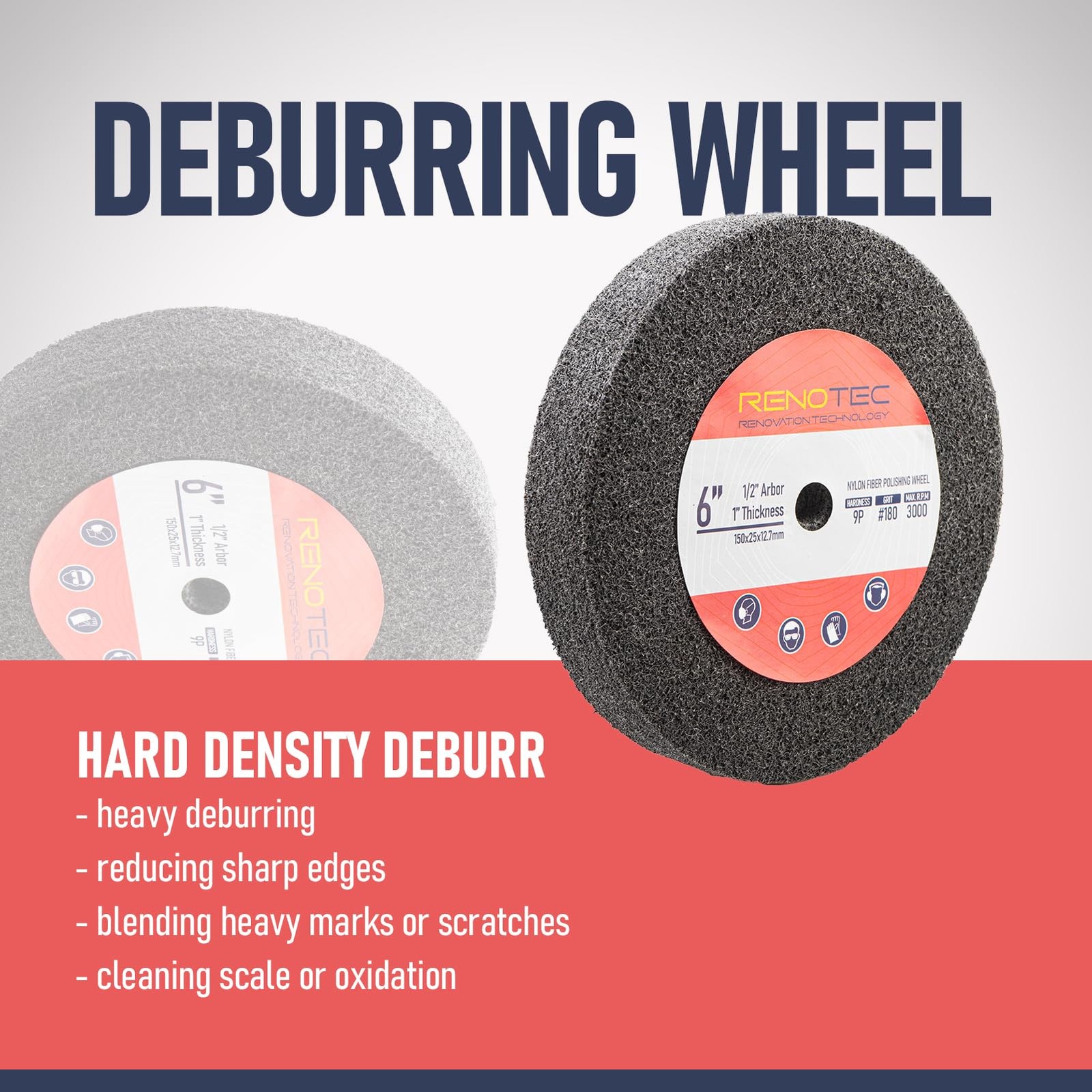 6 inch 9P Hardness Deburring Wheel, Pack of 3, 180 Grit, Nylon Fiber Buffing Whe