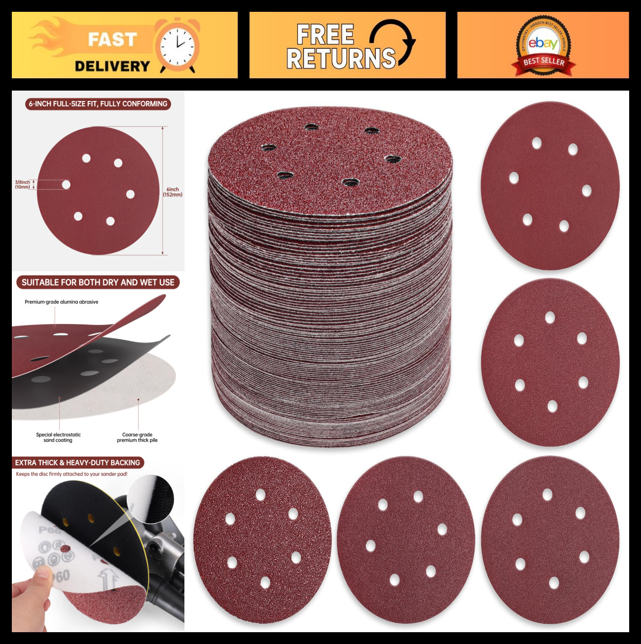 110 PCS 6″ Hook & Loop Sanding Discs Set – 60/80/120/240/400 Grits for Orbital S
