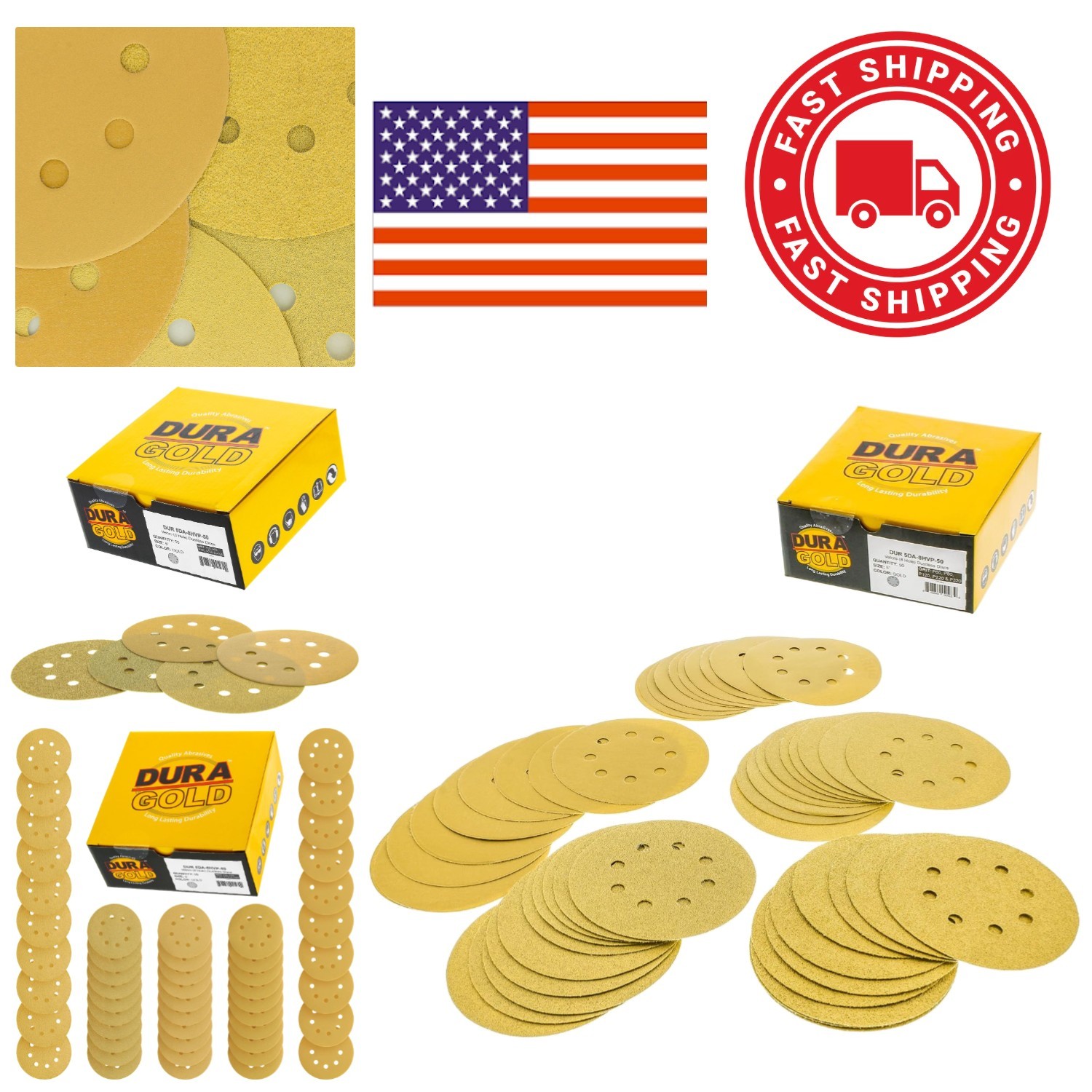 5 Inch Gold Sanding Discs Variety Pack of 50 with 8 Hole Dustless Design