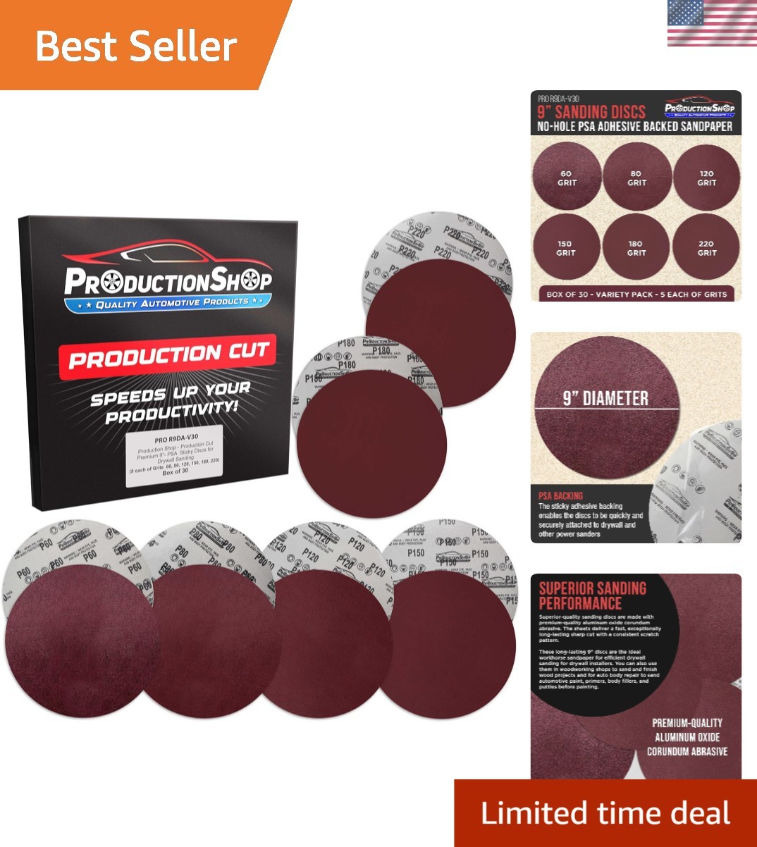 Sanding Discs 9 Inch Variety Pack 30pcs Grits 60 80 120 150 180 220 Auto Paint
