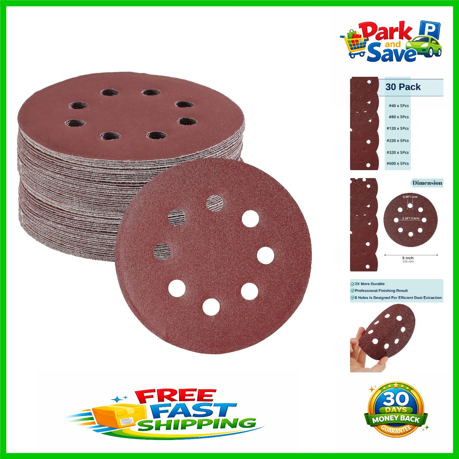 High-Quality 5″ Round Sanding Discs 30 Pack – Excellent for Wood, Metal, Glass