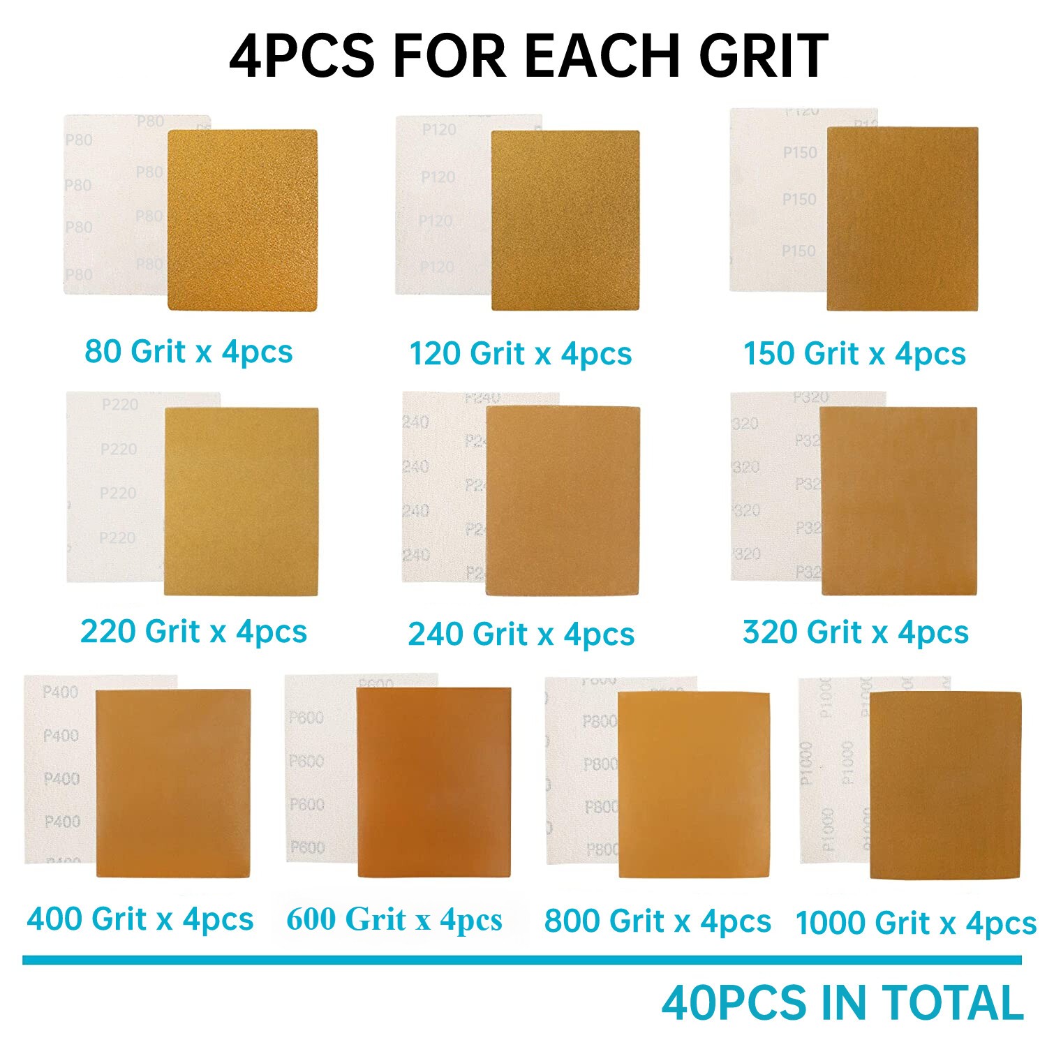 40PACK 1/4 Hook & Loop Sheet Palm Sander Sandpaper 80-1000 Grit 4-1/2 x 5-1/2 in