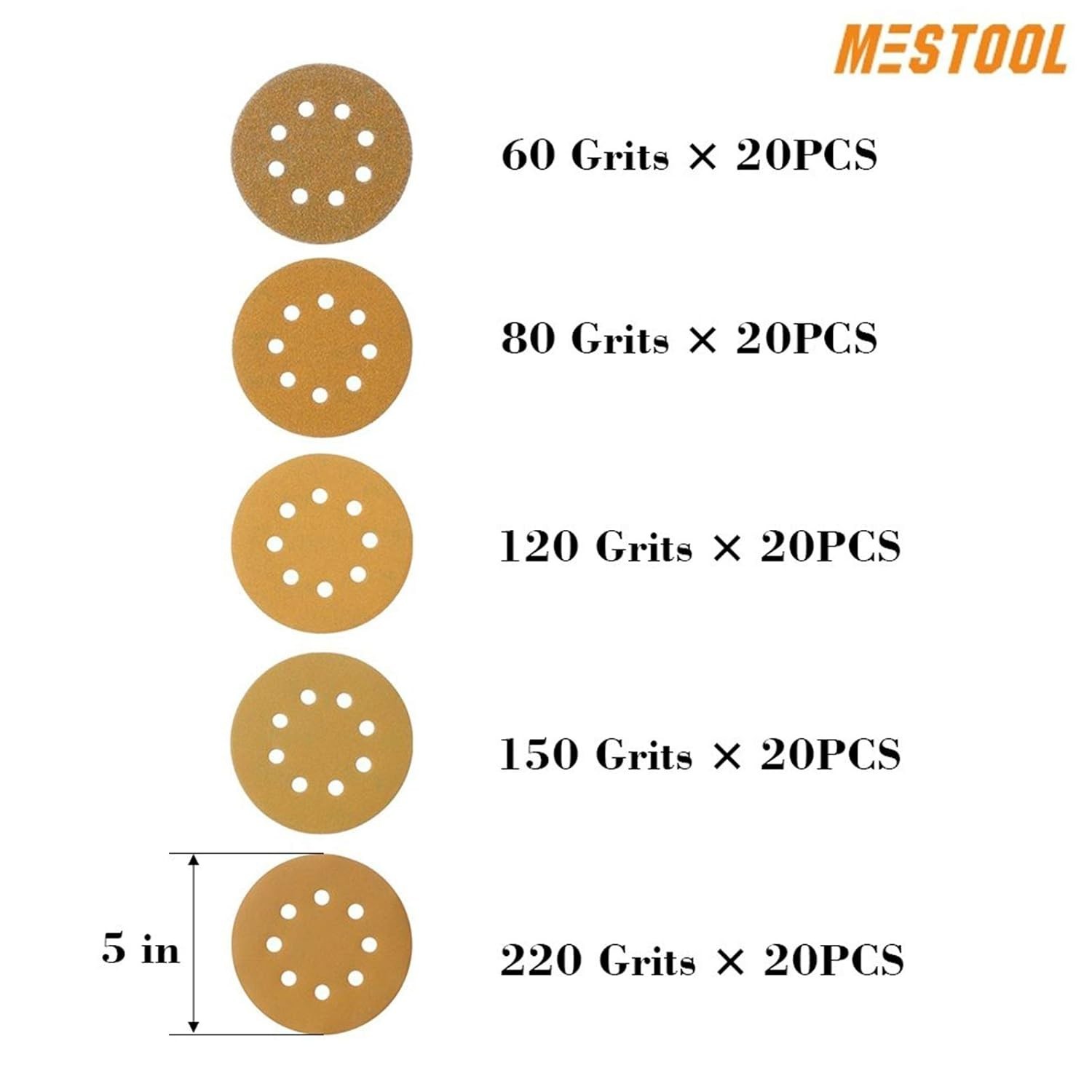 5-Inch Sanding Discs 8-Hole Aluminum Oxide Grit Set for Metal Wood Polishing