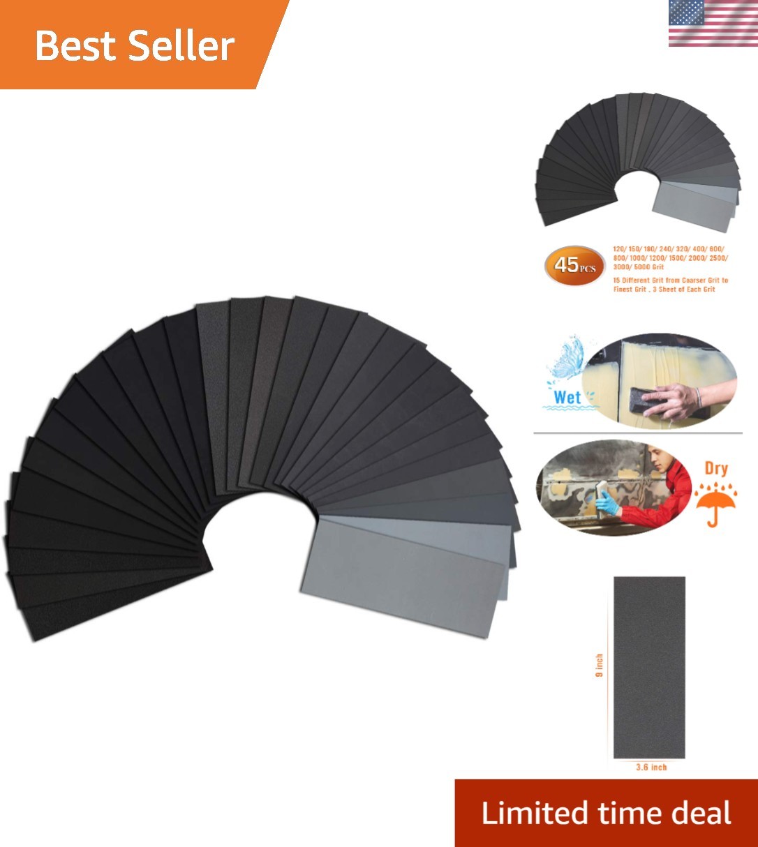 45-Piece Waterproof Sandpaper Assortment for Wooden Finishing & Automotive Tasks