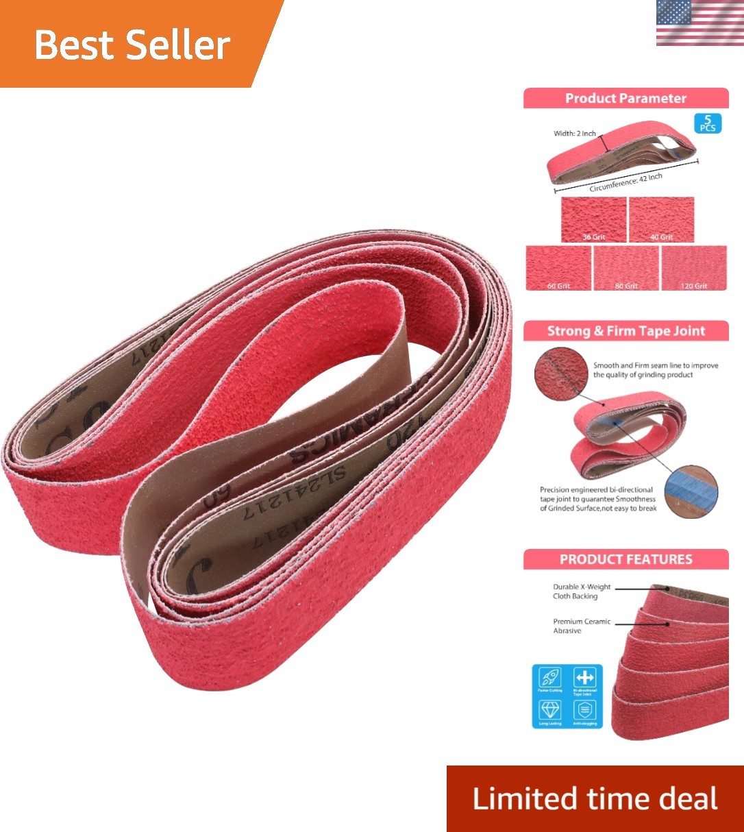 Durable 2×42 Inch Ceramic Metal Grinding Belts – 5 Pack with Mixed Grits 36-120