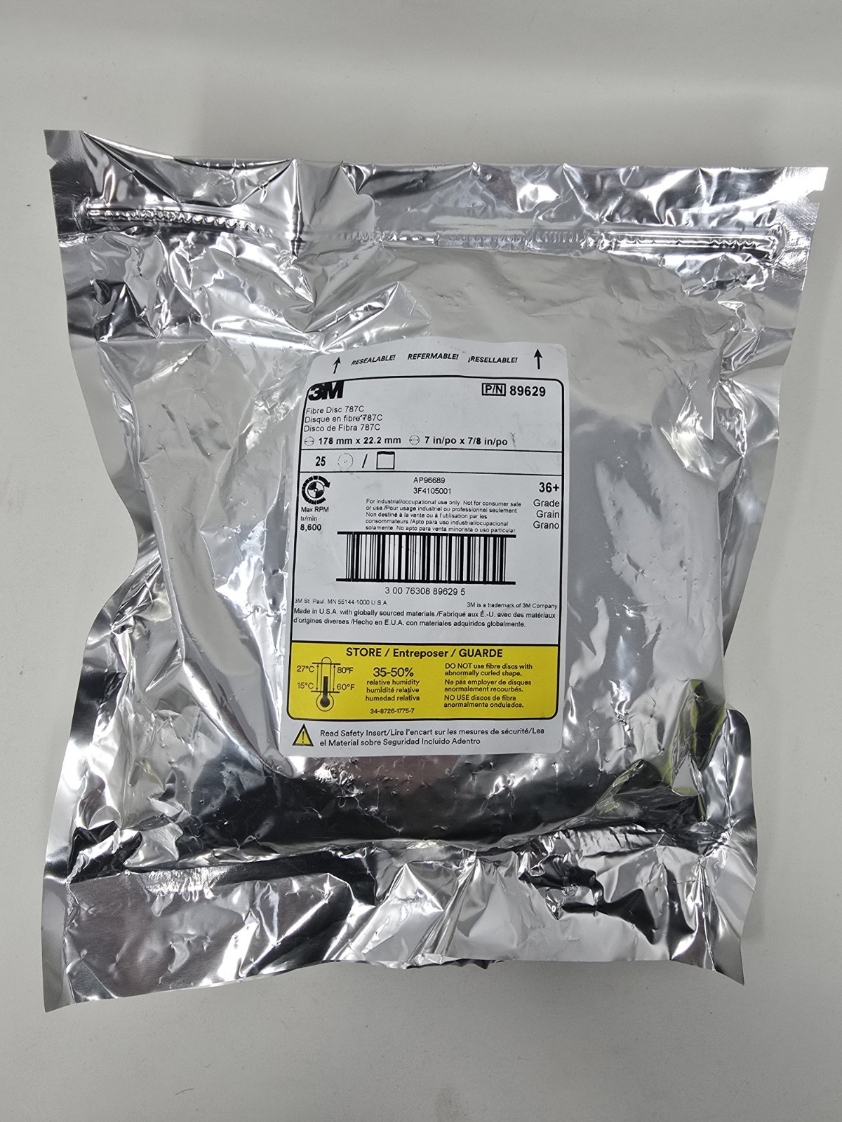 3M #89629 Fibre Disc 787C 36+ Grit 7″ x 7/8″, 25pk – New & Sealed