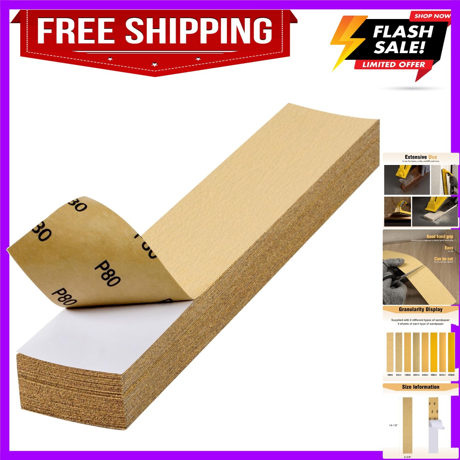 40 PCS 2-3/4″ x 16-1/2″ Long Board Sand Paper 80 Grit PSA Longboard Sandpaper…