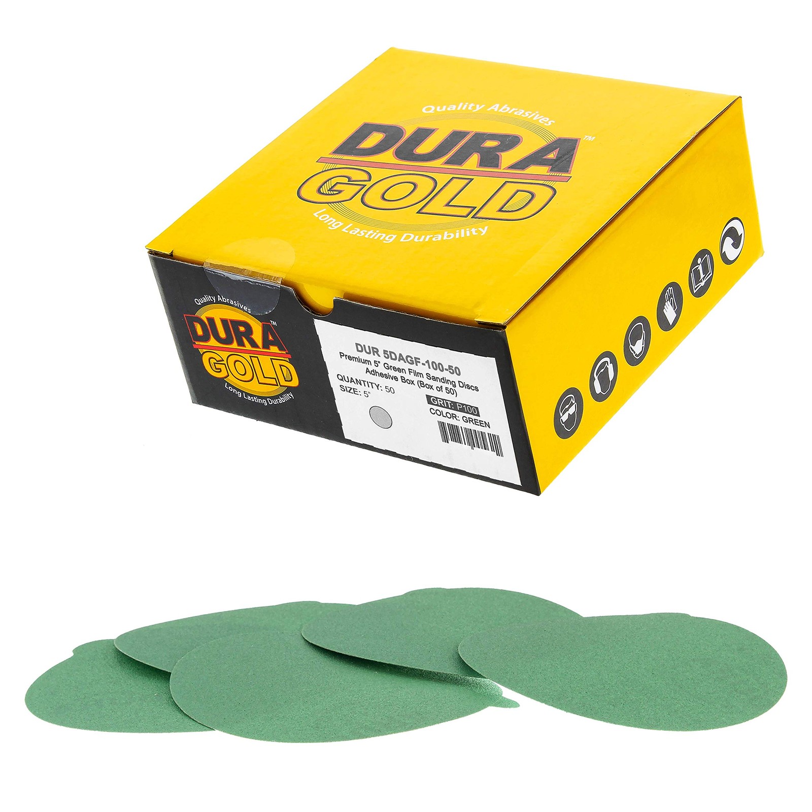 Dura-Gold Premium 5″ Green Film PSA Sanding Discs – 100 Grit (Box of 100-Grit