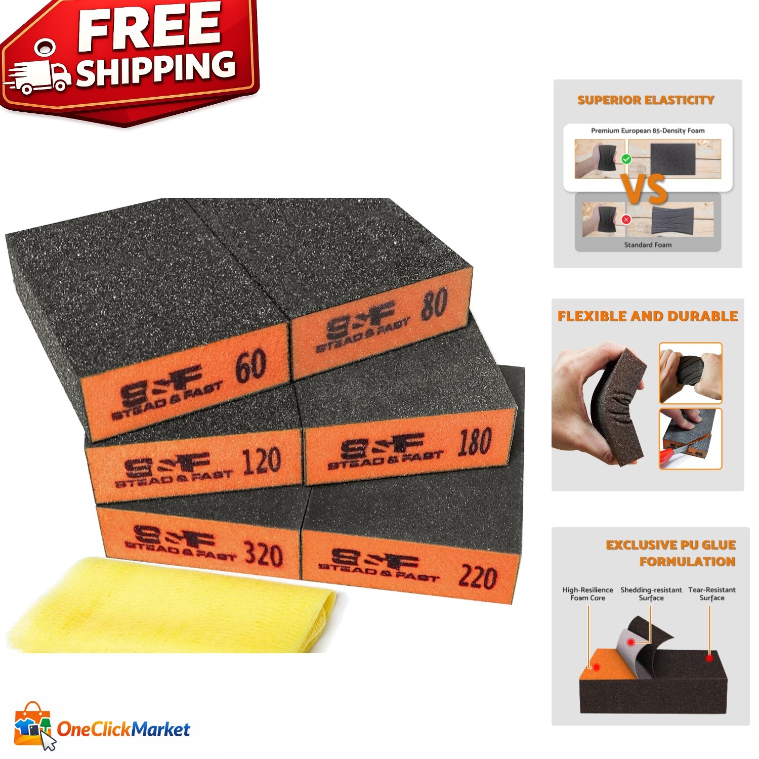 6-Pack Aluminum Oxide Sanding Sponges: Coarse to Fine Grits for Perfect Finishes