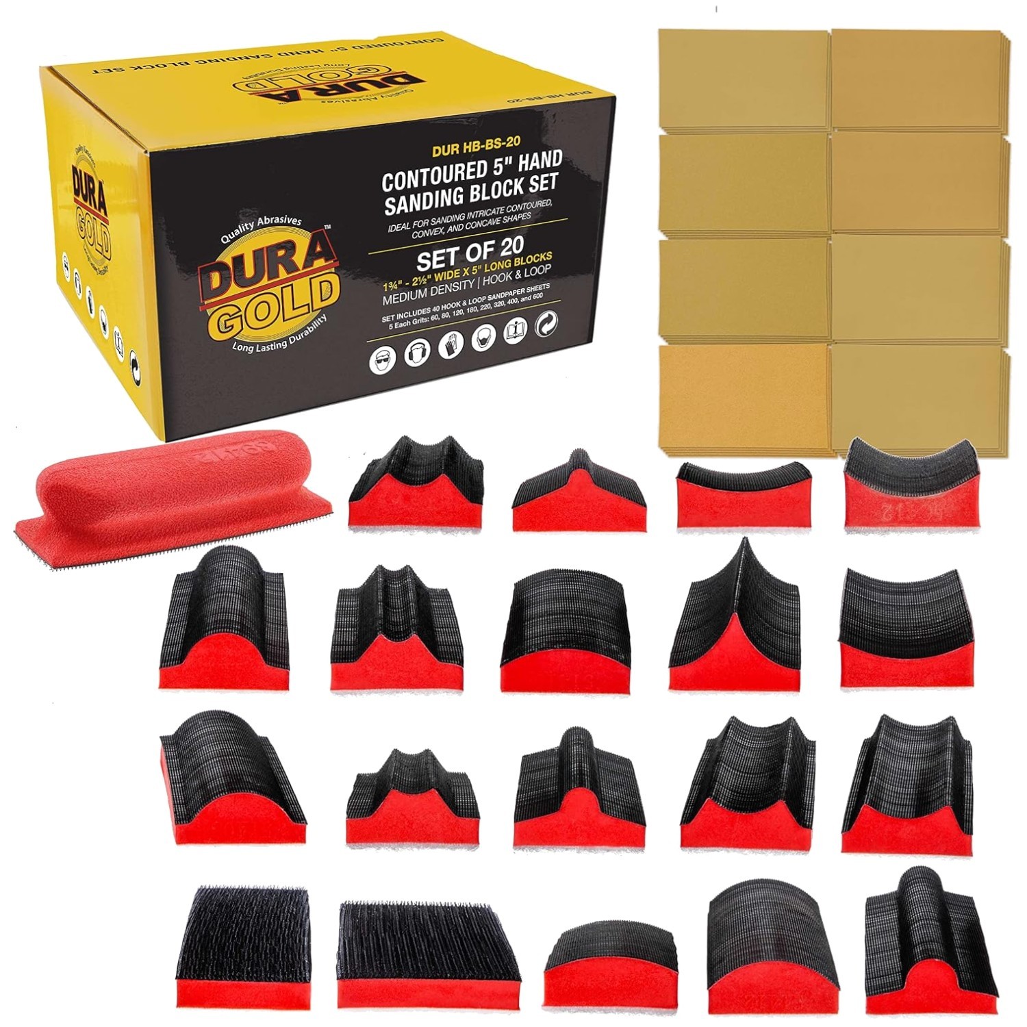 Hook & Loop Sanding Block Set – 20-Piece with 40 Sheet Kit