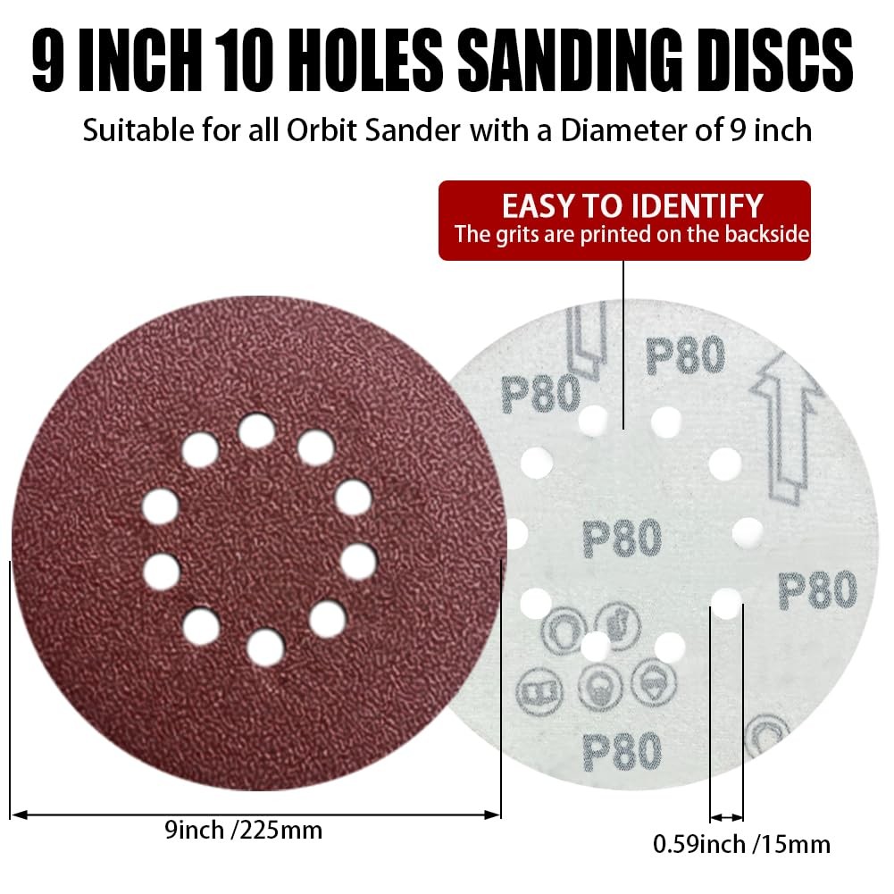 12 Pack 9 Inch 10-Hole Aluminum Oxide Sanding Discs 80 Grit for Drywall Sander
