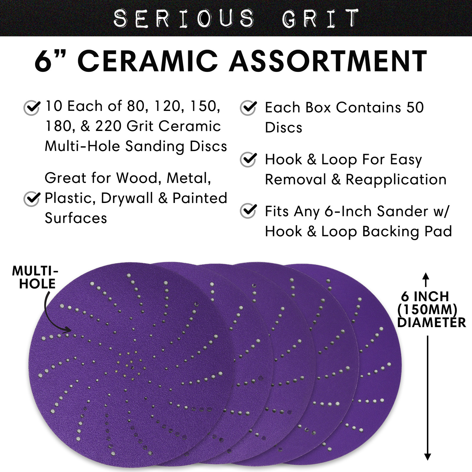 6″ Ceramic Multi-Hole Hook & Loop Discs