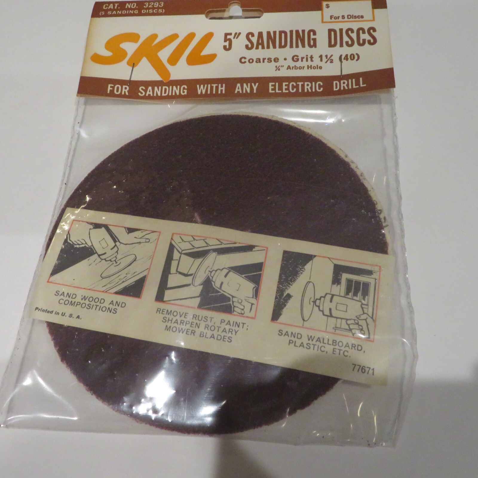 VTG SKIL 5″ Sanding Discs #3293 5 Pk Coarse Grit Use w. Any Electric Drill NOS