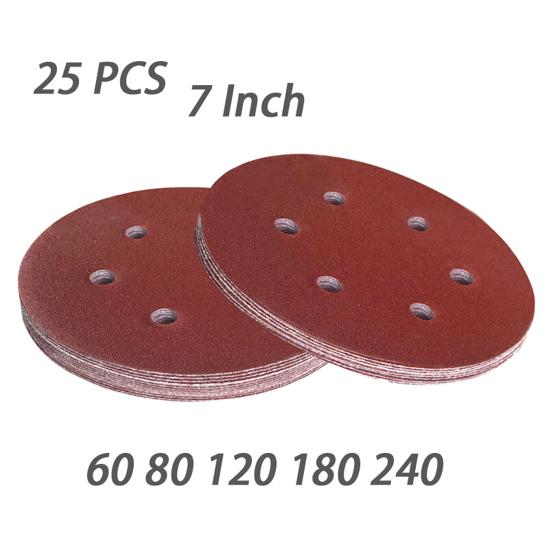 7 Inch 6 Hole Hook and Loop Sandpaper Sanding Discs 60-240 Grit Pack of 25