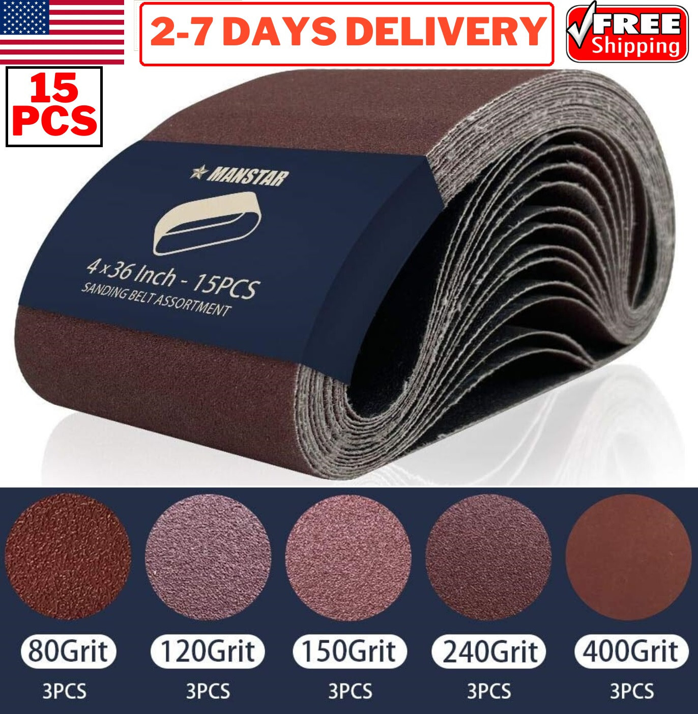 15Pc 4″ x 36″ Inch Sanding Belts Aluminum Oxide 80/120/150/240/400 Grit Abrasive