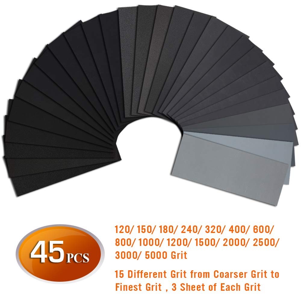 45PCS Sandpaper, Wet Dry Waterproof , 120 to 5000 Assorted Grit Sanding Pape…