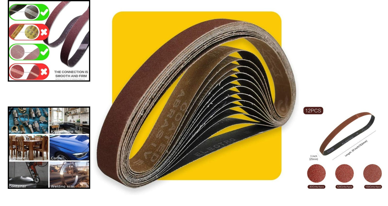 1×30 Inch Aluminum Oxide Sanding Belt Pack – 12 Piece Set with 80, 120, 150 Grit