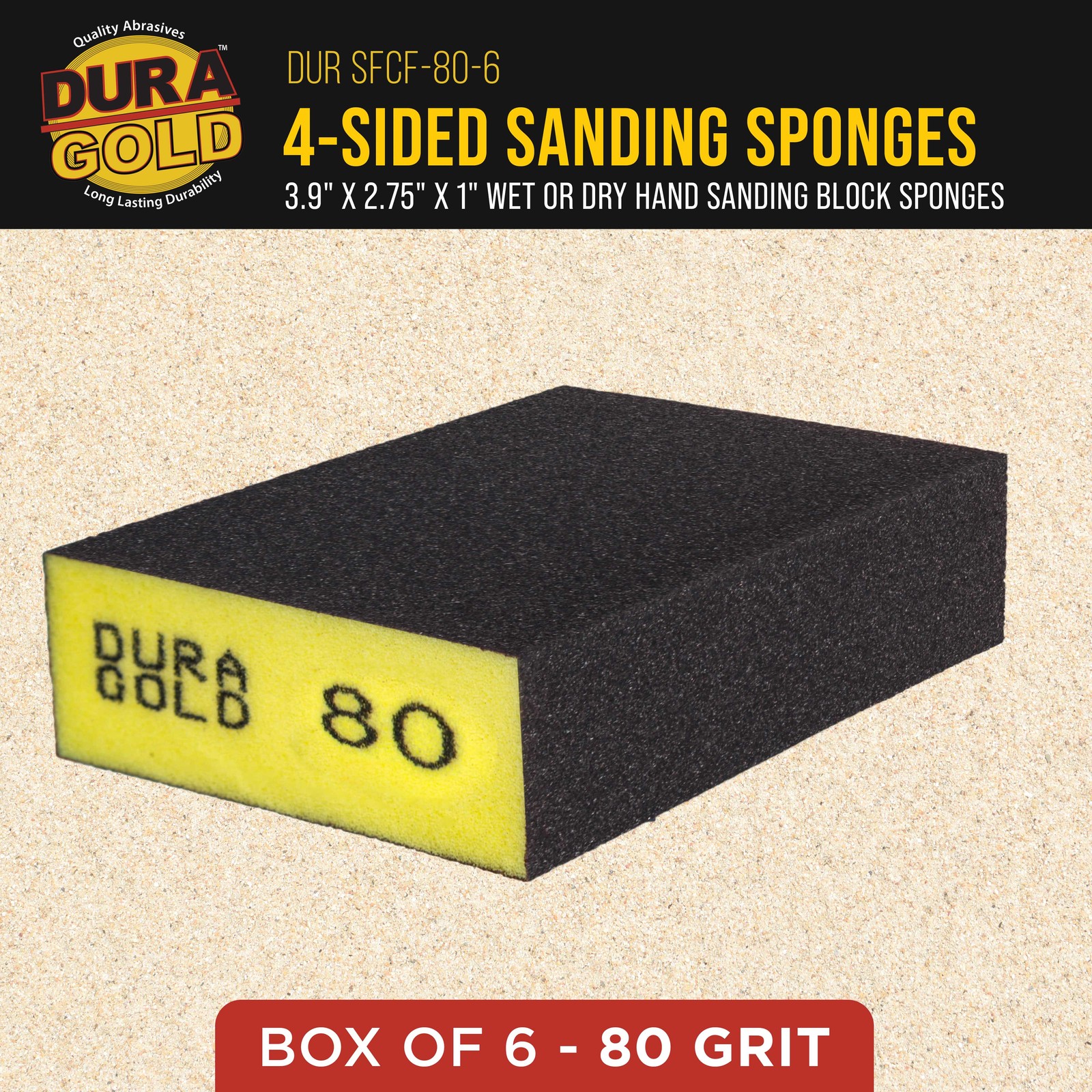 80 Grit 4-Sided Hand Sanding Block Sponges, 6/Box – 3.9″ x 2.75″ x 1″ Wet or Dry
