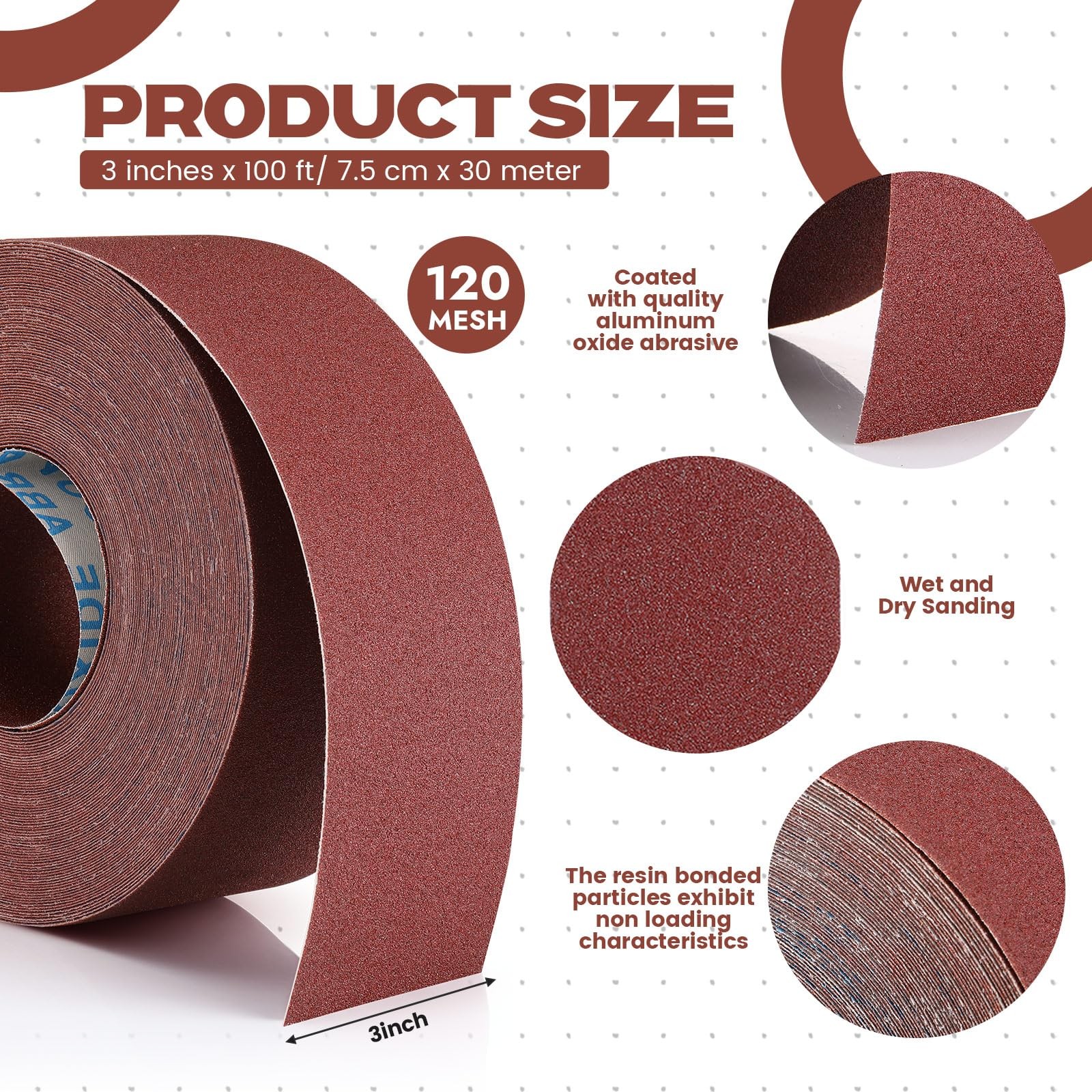 120 Grit Sandpaper Roll 3 inch x 100 ft Long Emery Cloth Sanding Belt