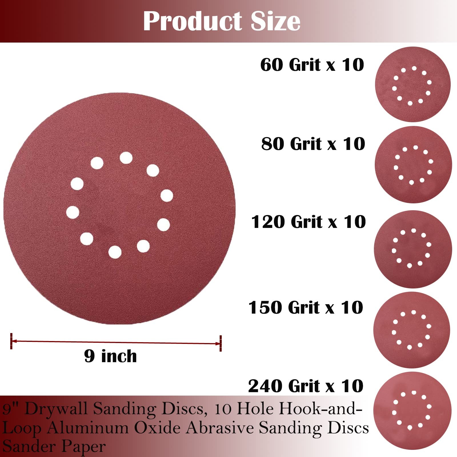 50 PCS 9-Inch 10-Hole Hook-and-Loop Sanding Discs for Drywall Sander -10 Pack…