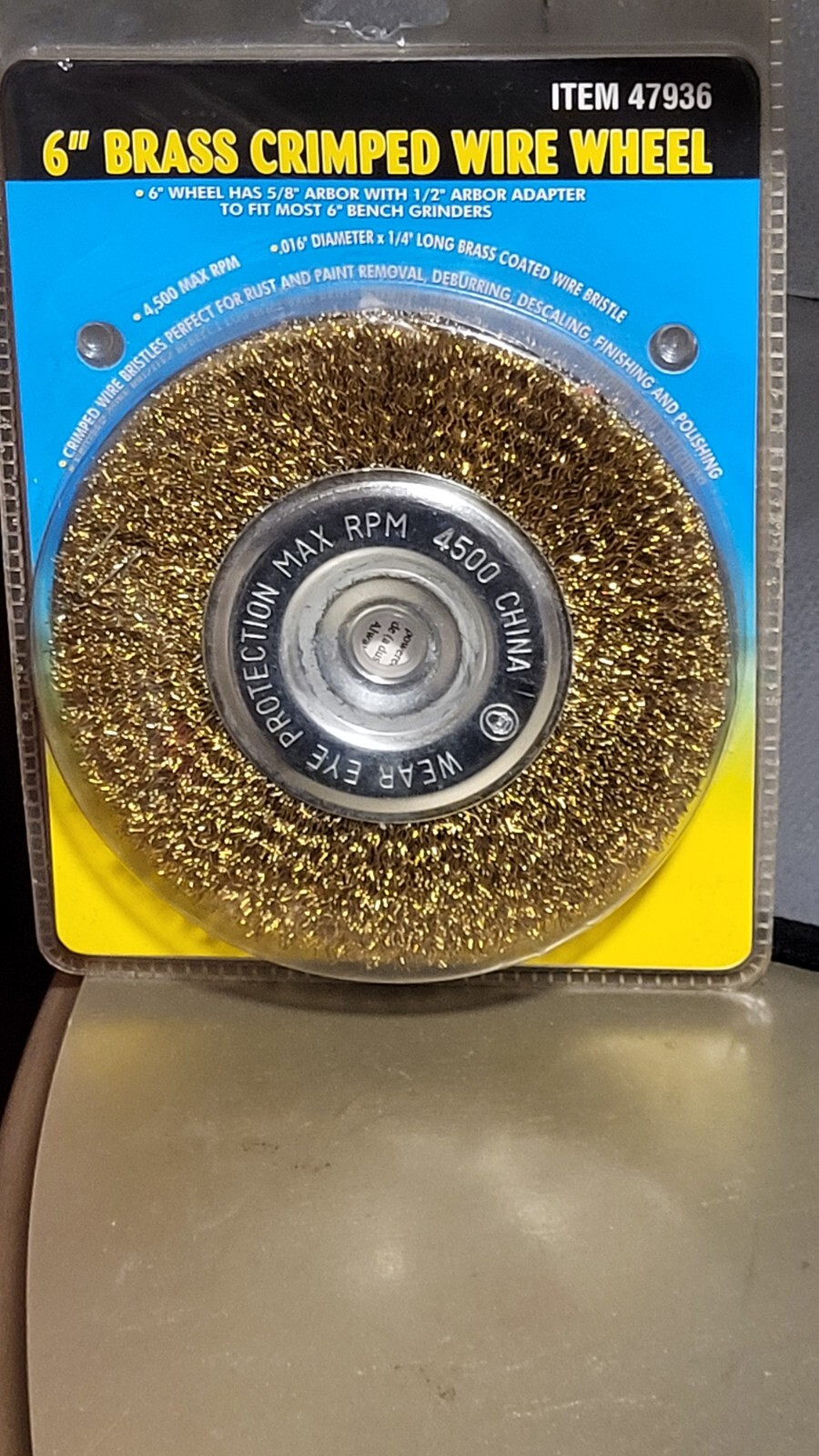 6″ Brass Crimped Wire Wheel Item 47936. 5/8″ Arbor With 1/2″ Arbor Adapter. 1L