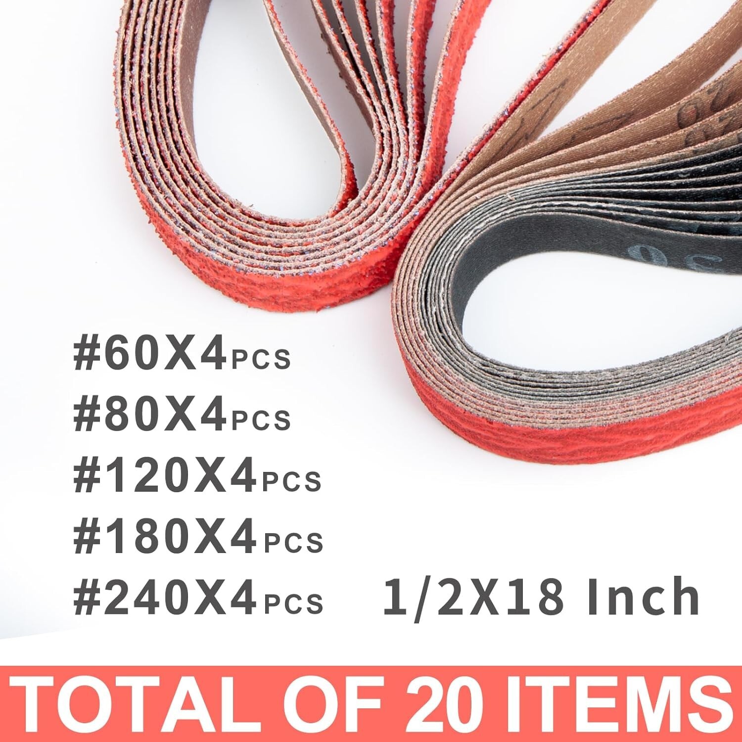 20 Assorted Grit Silicon Carbide Sanding Belts 1/2 x 18 inches for Professionals
