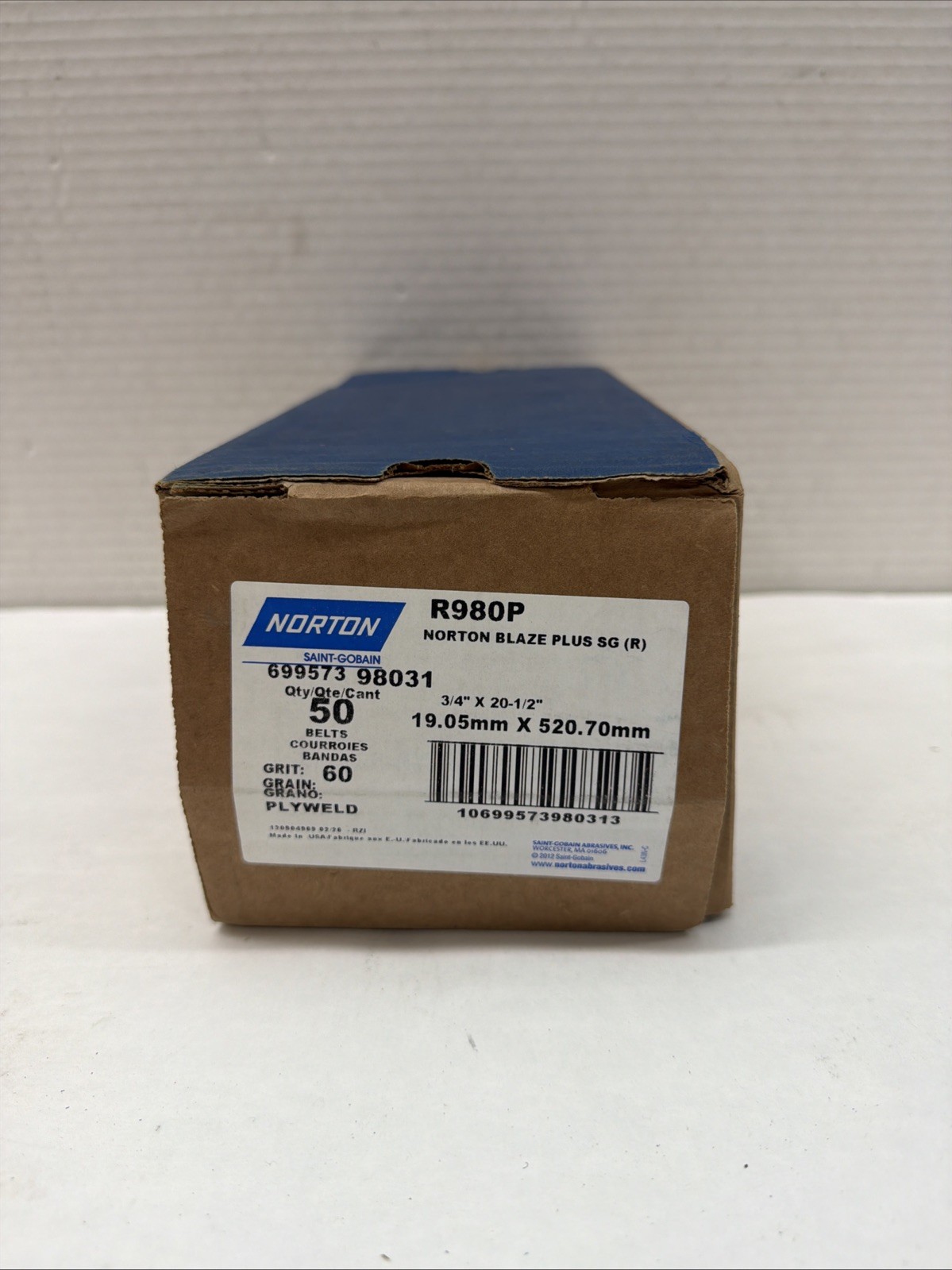 Norton 69957398031 3/4×20-1/2” Blaze R980P Premium Cloth File Belt 60 Grit 50 pk