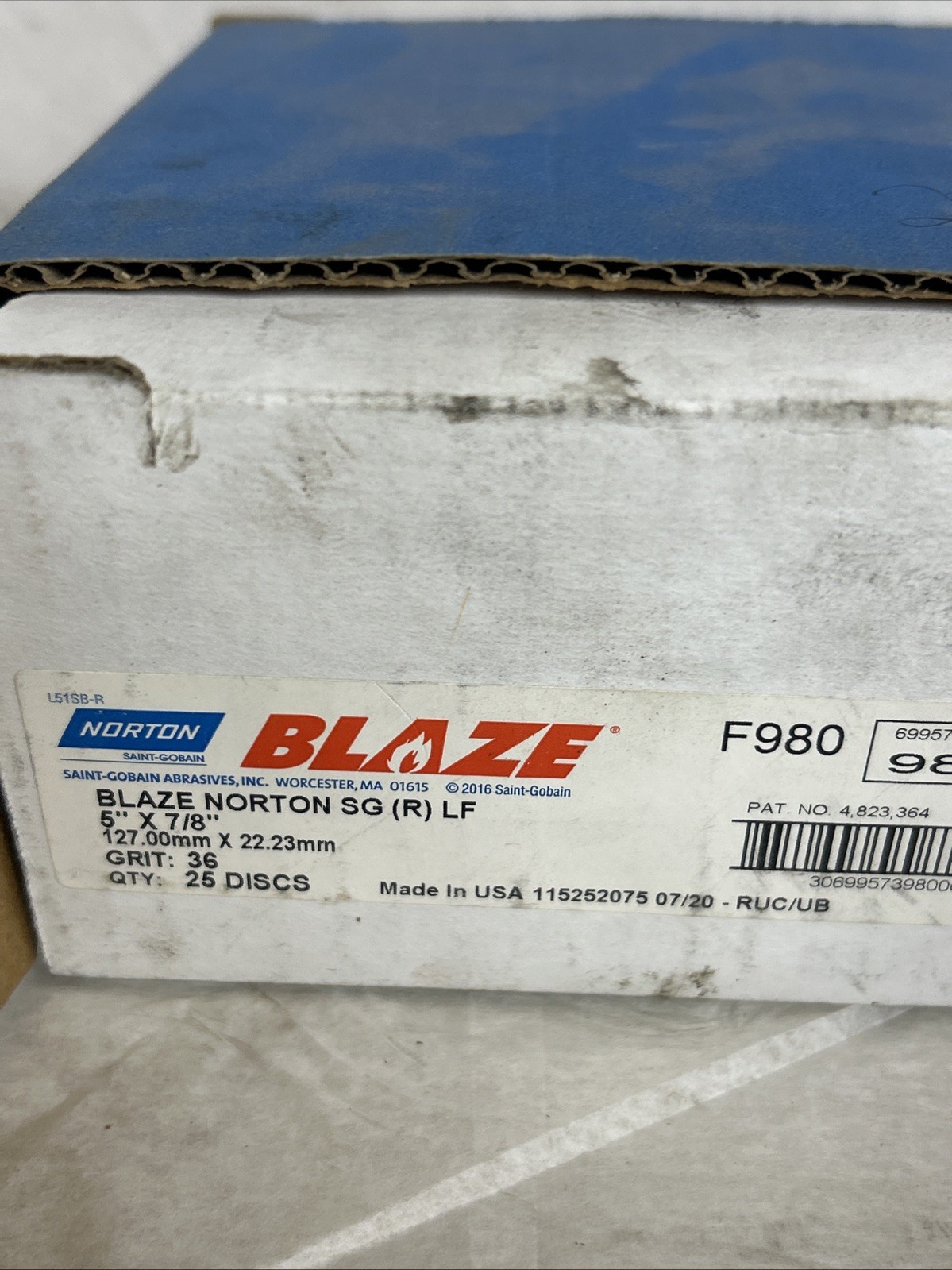 Norton Blaze F980 5”x7/8” 36 Grit Discs. 127 Mm X 22.23 Mm F980 Sanding Discs
