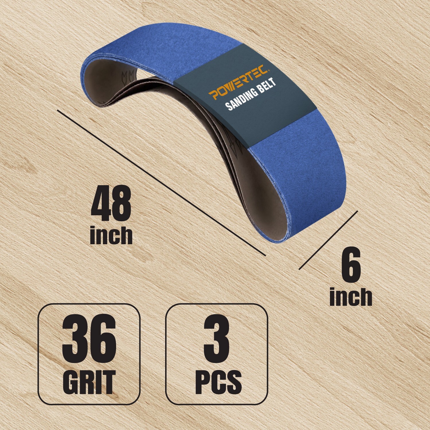 POWERTEC 6 x 48 inch 36 Grit Belts Metal Grinding Zirconia Sanding Belt 3pcs