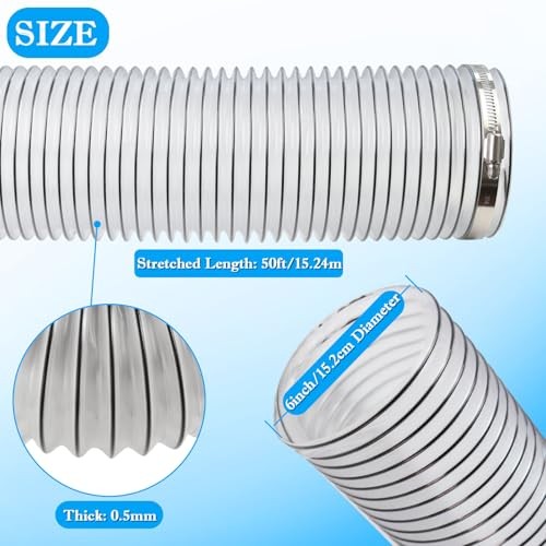 6″ x 50′ PVC Dust Collection Hose, 6 Inch Dust Collector Hose for Shop
