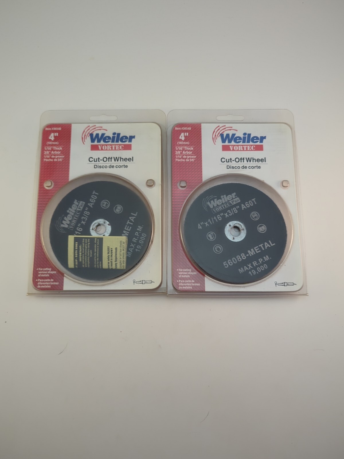 2 Weiler Vortec Type 1 4 In. x 1/16 In. x 3/8 In. Metal/Plastic Cut-Off Wheels