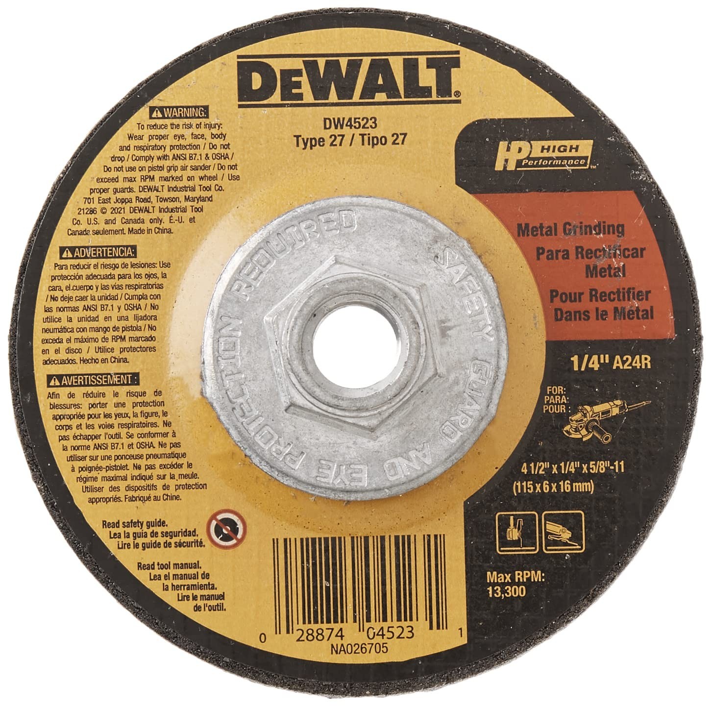 Aluminum Oxide Metal Grinding Wheel 4-1/2” x 1/4” x 5/8”