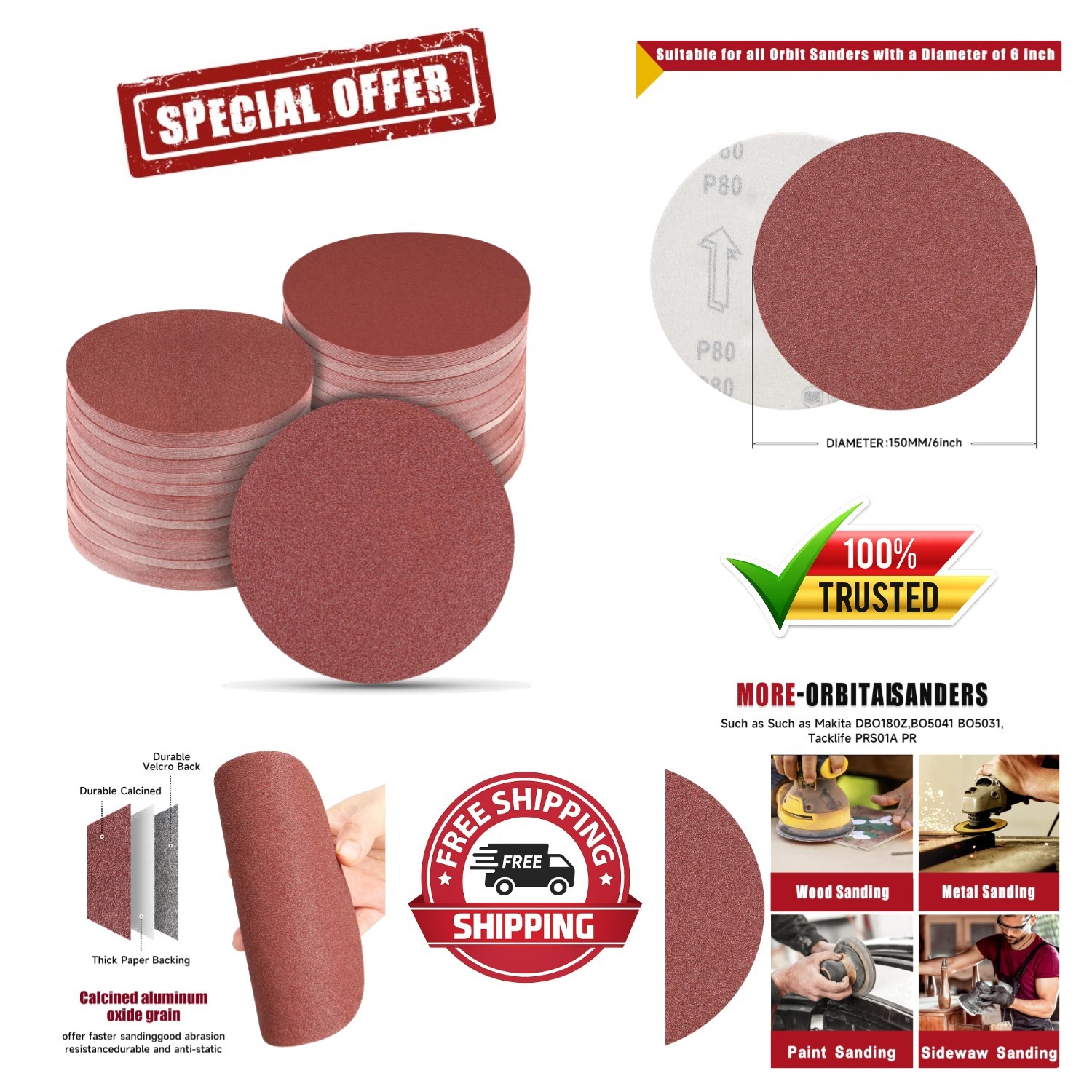 100 PCS 6 Inch Sanding Discs, Hook and Loop Sandpaper 20 X 60 80 120 240 400