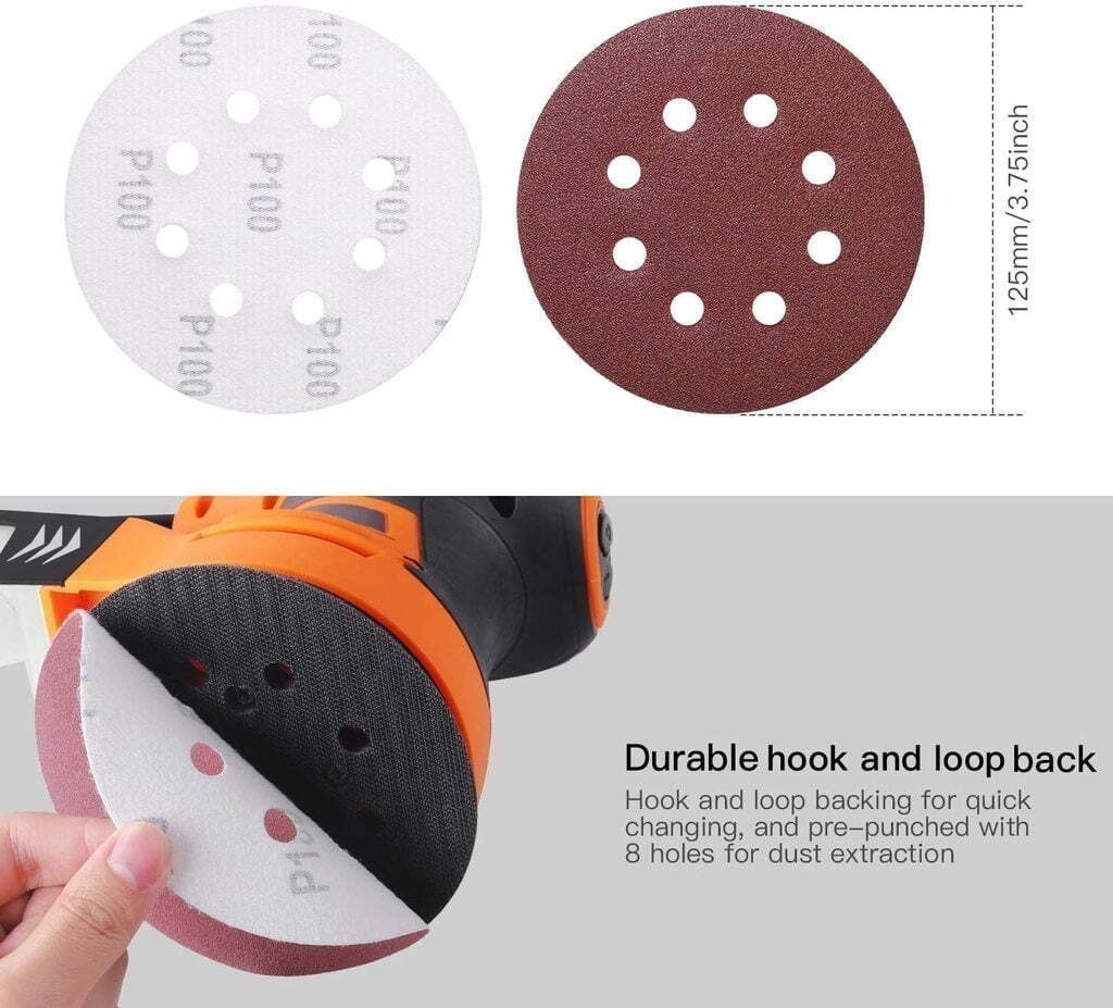 100Pack 5in 8 Hole Sanding Discs Orbital Sandpaper Hook and Loop Assortment Grit