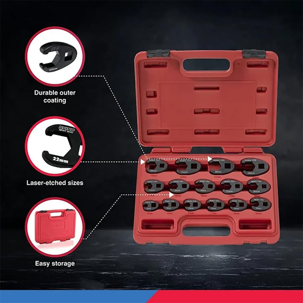 03324A Crowfoot Wrench Set 1/2″ and 3/8” Drive, 15 Piece, Metric Crows Foot Wren