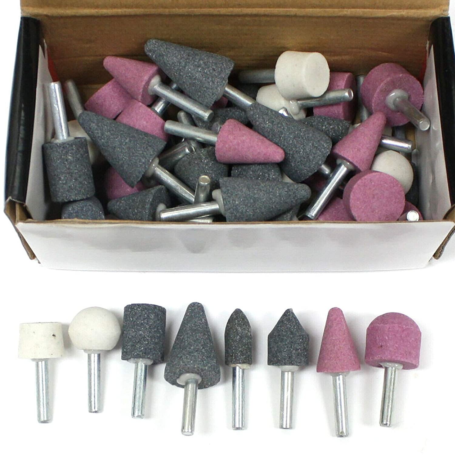 50 pc Mounted Stone Point Assortment 1/4″ Shank Grinding Wheel Polish Deburr Set