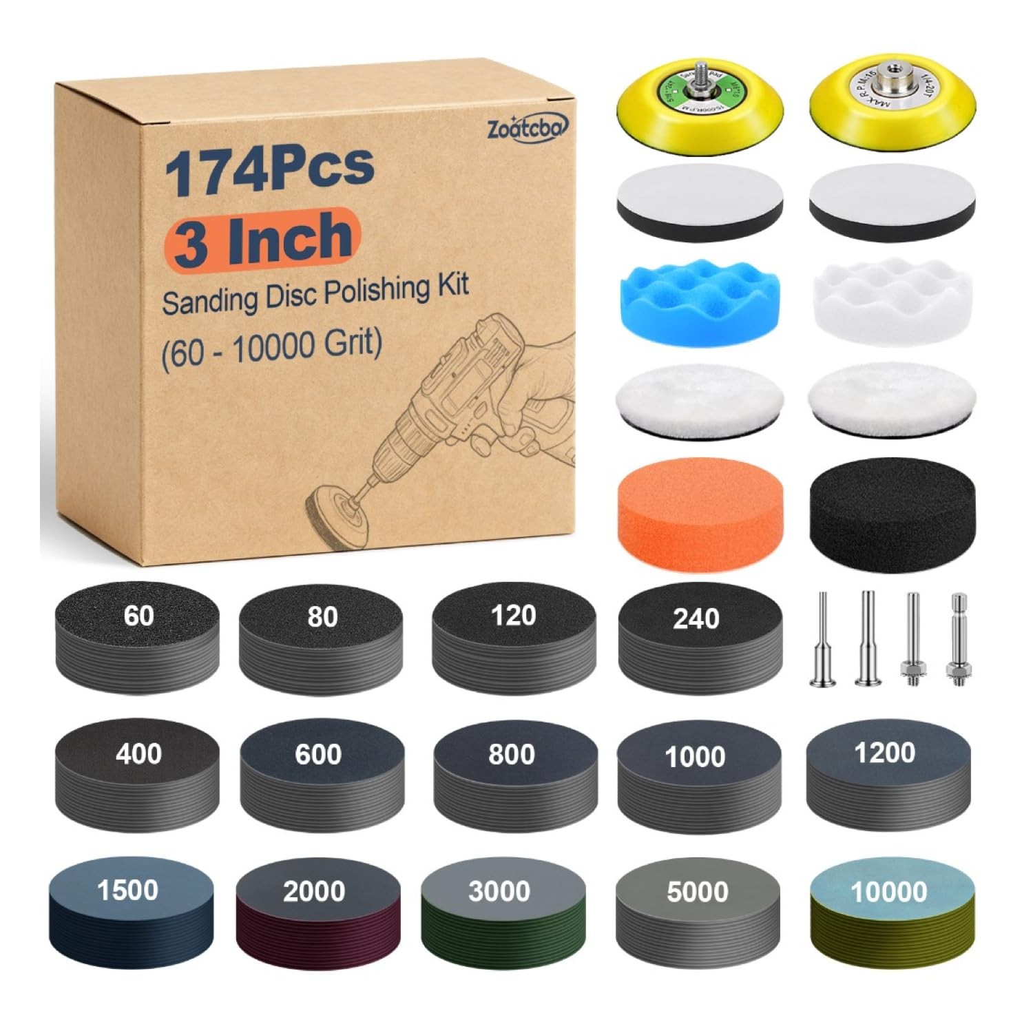 174Pcs 3 Inch Sanding Discs Drill Polishing Kit, 60-10000 Grit Set