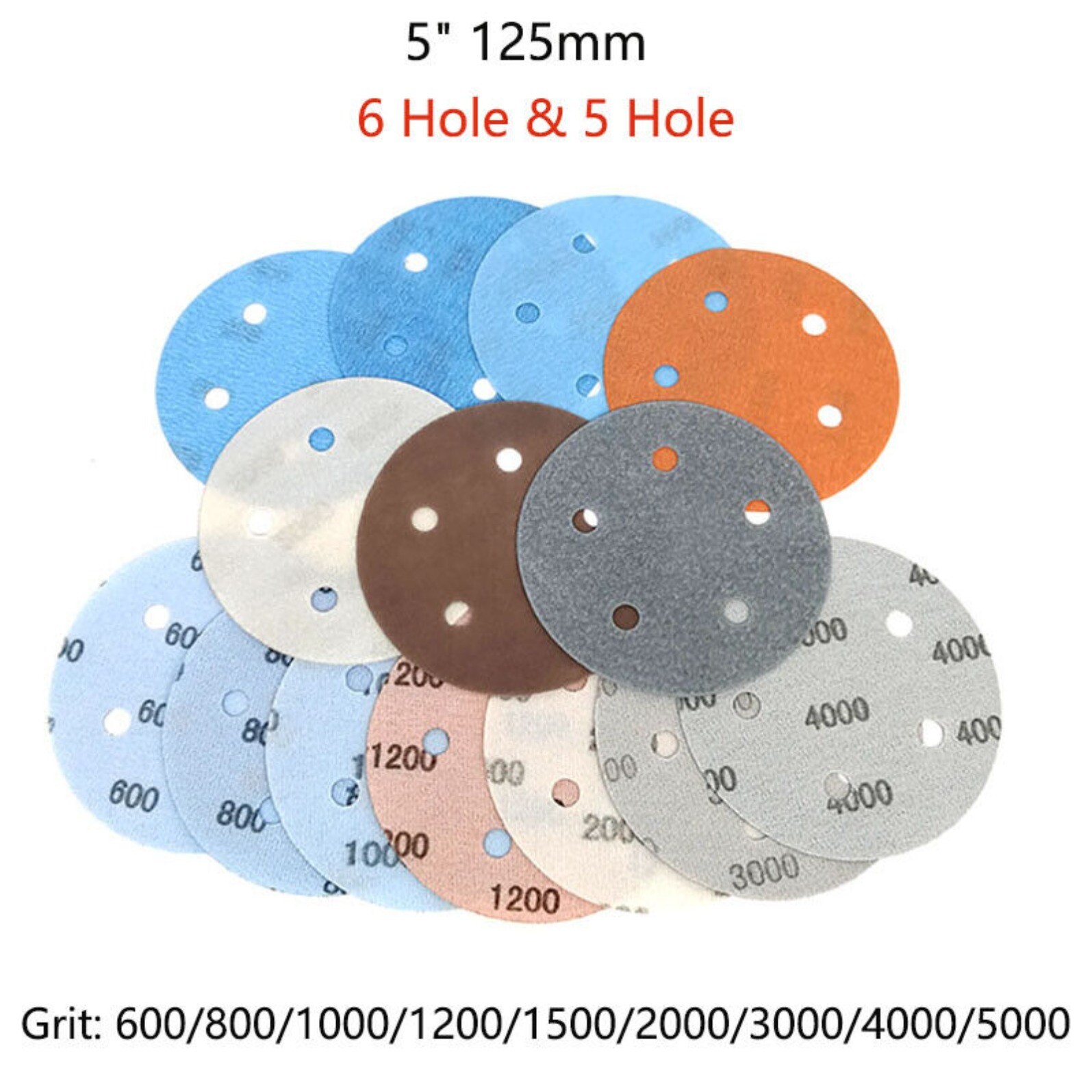 5 inch 125mm Wet & Dry Sanding Discs 5 & 6 Hole Orbital Sandpaper Pads Hook Loop