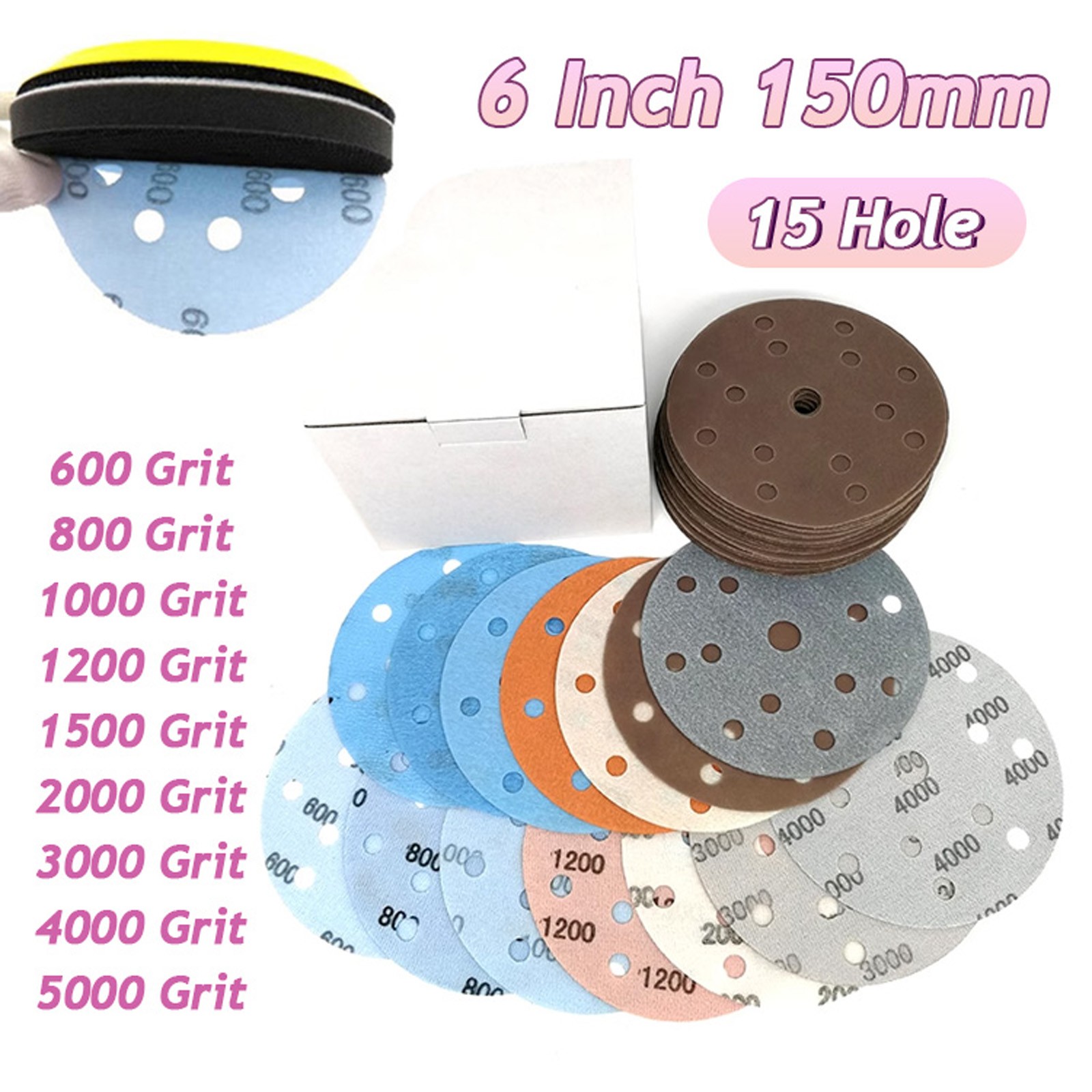 150mm sanding discs WET AND DRY 6 inch Sandpaper Film Pads 600-5000 GRIT 15 Hole