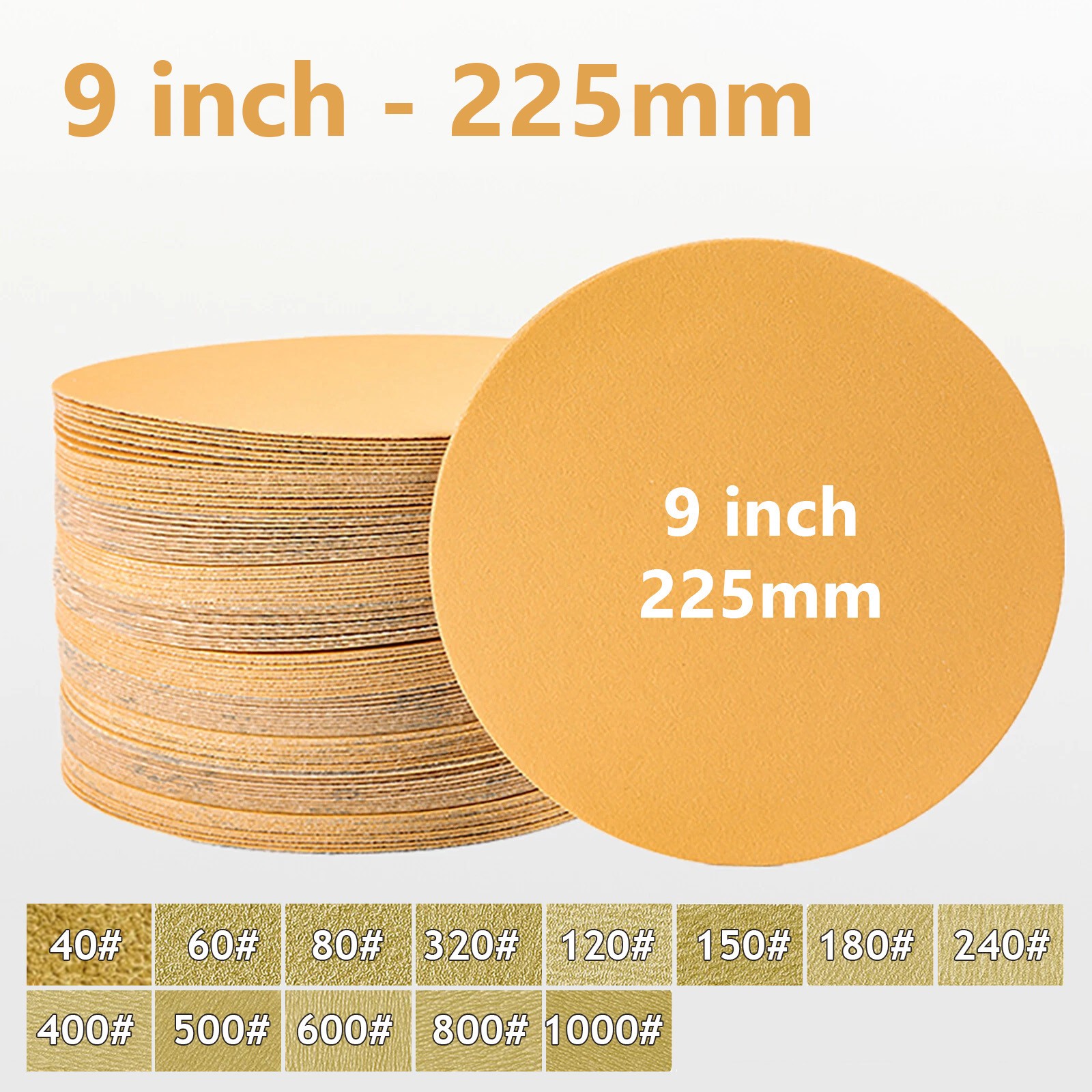 9 Inch 225mm Sanding Discs 40-1000 Grit Hook Loop Sandpaper Yellow Dry Grinding