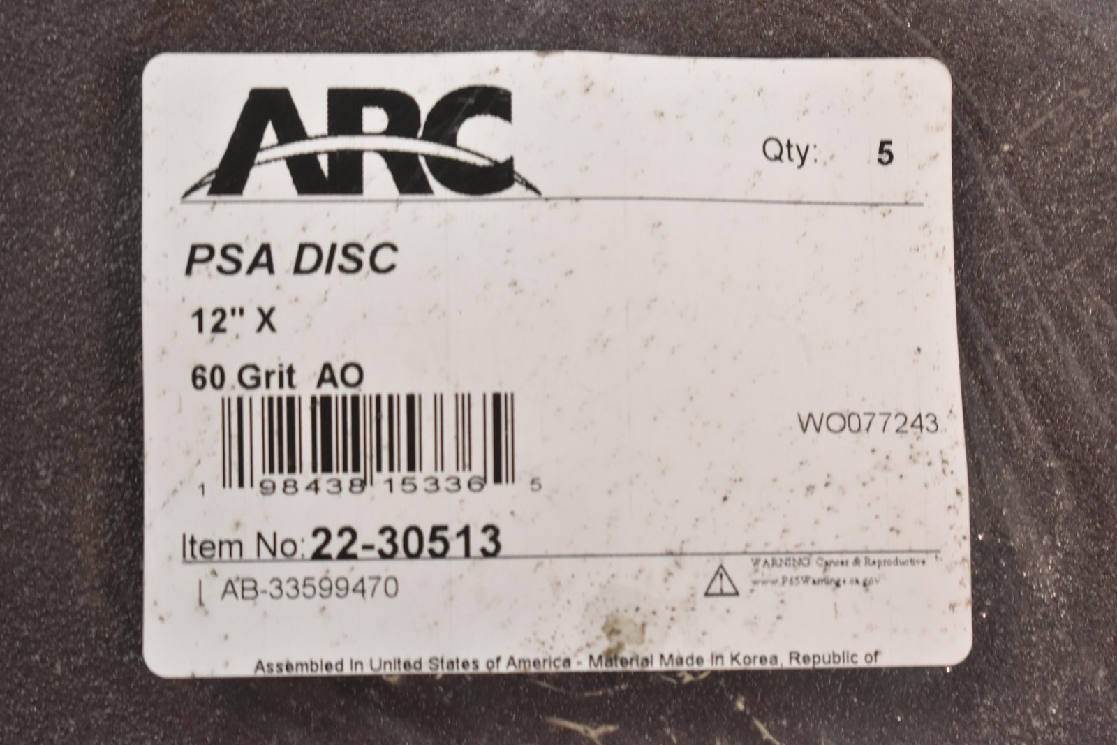 ARC PSA Sanding Discs 12 Inch 60 Grit AO Brown Adhesive Back 5 Pack 22-30513