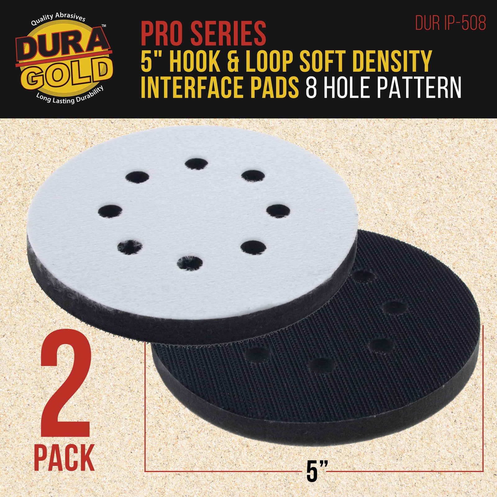 2 Dura-Gold 5″ x 10mm Soft Density Interface Pads, Hook & Loop, 8 Hole Pattern
