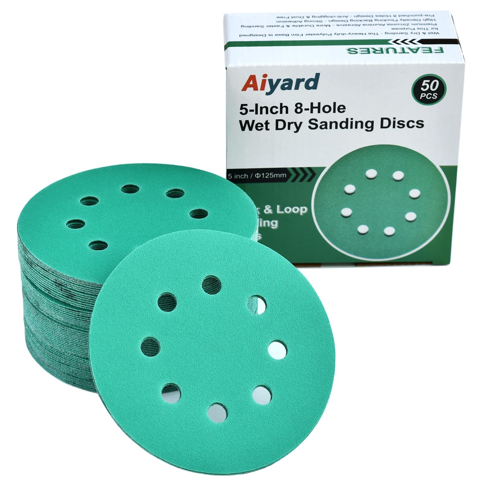 Aiyard 5-Inch 8-Hole Wet Dry Sanding Discs 180 Grit, Polyester Film Backed…