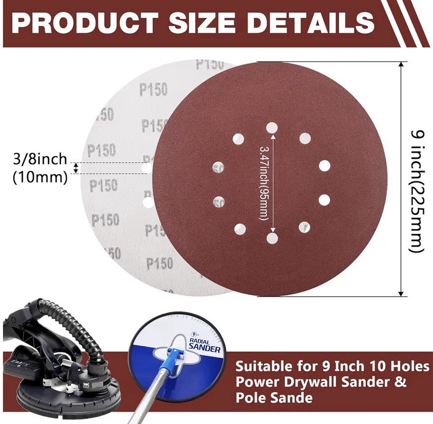 50pcs 240 Grits 9 inch 10 Hole Sandpaper for Drywall Sander