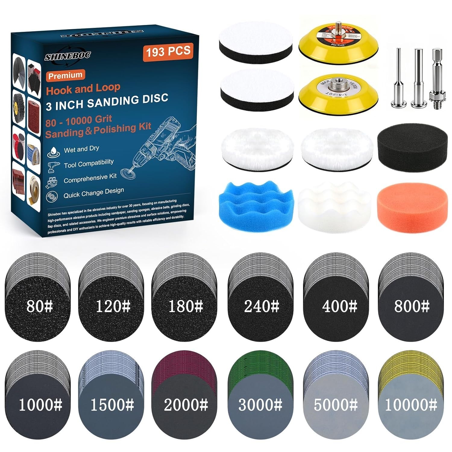 193Pcs 3 Inch Polishing Kit Hook and Loop Sanding Discs, Headlight Restoratio