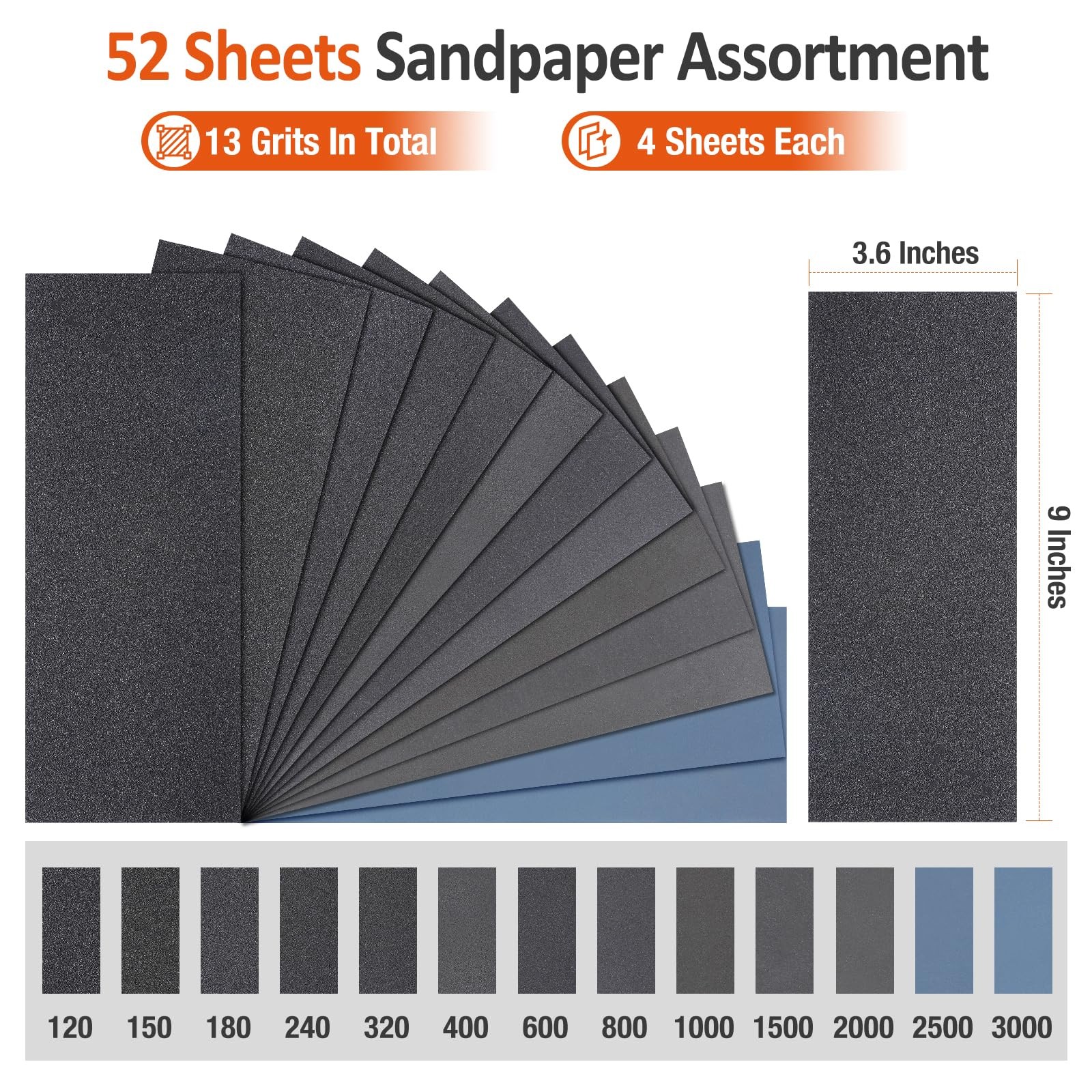 Sand Paper Assortment, 52 Sheets Assorted Grits 120/150/180/240/320/400/600/8…