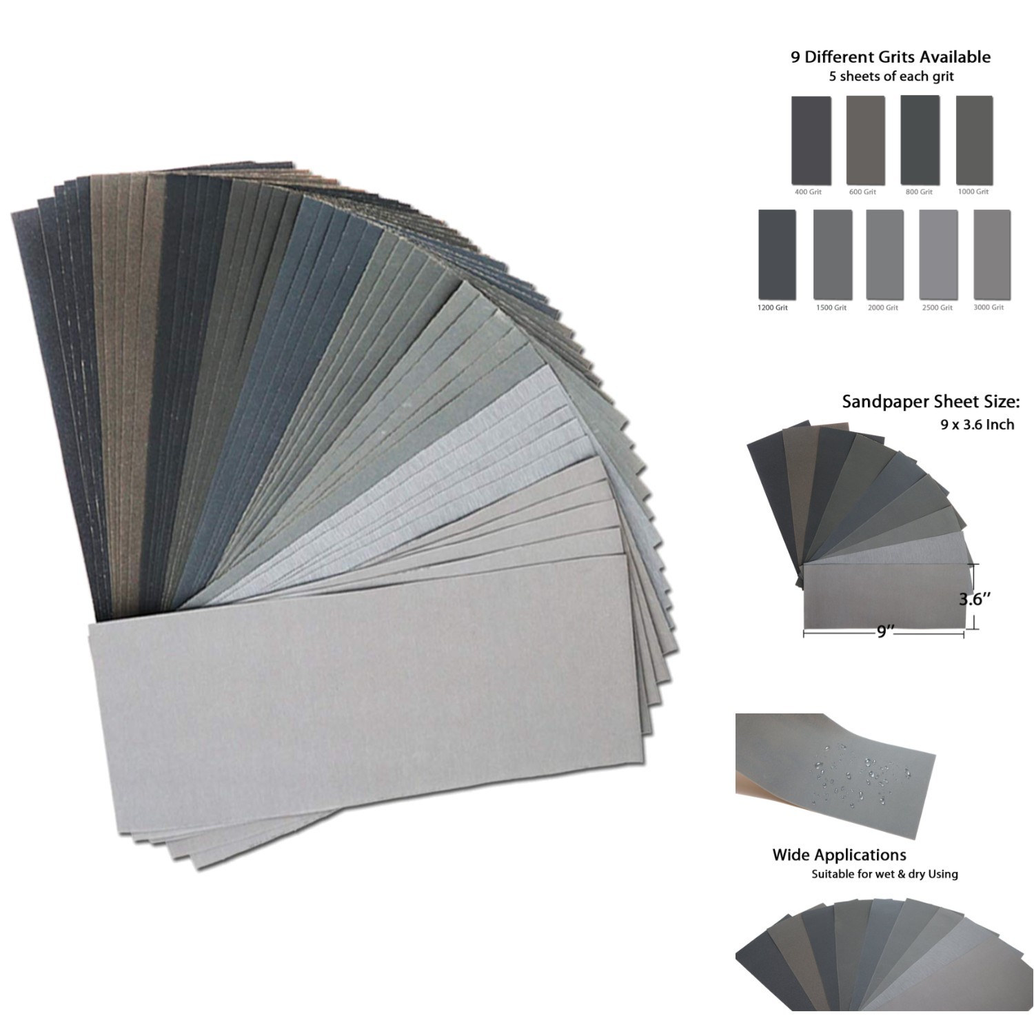 45Pcs Wet Dry Sandpaper Set Assorted 400-3000 Grit for Auto Wood Metal Polishing